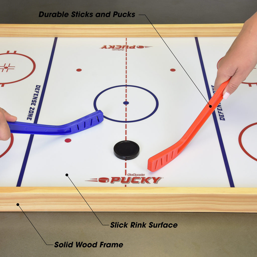 GoSports Ice Pucky Wooden Table Top Hockey Game for Kids & Adults - Includes 1 Game Board, 2 Hockey Sticks & 3 Pucks Pucky playgosports.com 