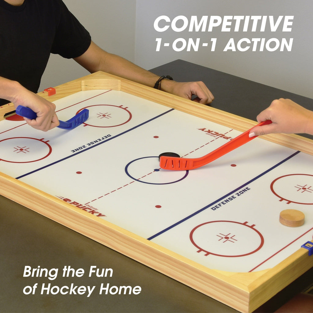 GoSports Ice Pucky Wooden Table Top Hockey Game for Kids & Adults - Includes 1 Game Board, 2 Hockey Sticks & 3 Pucks Pucky playgosports.com 