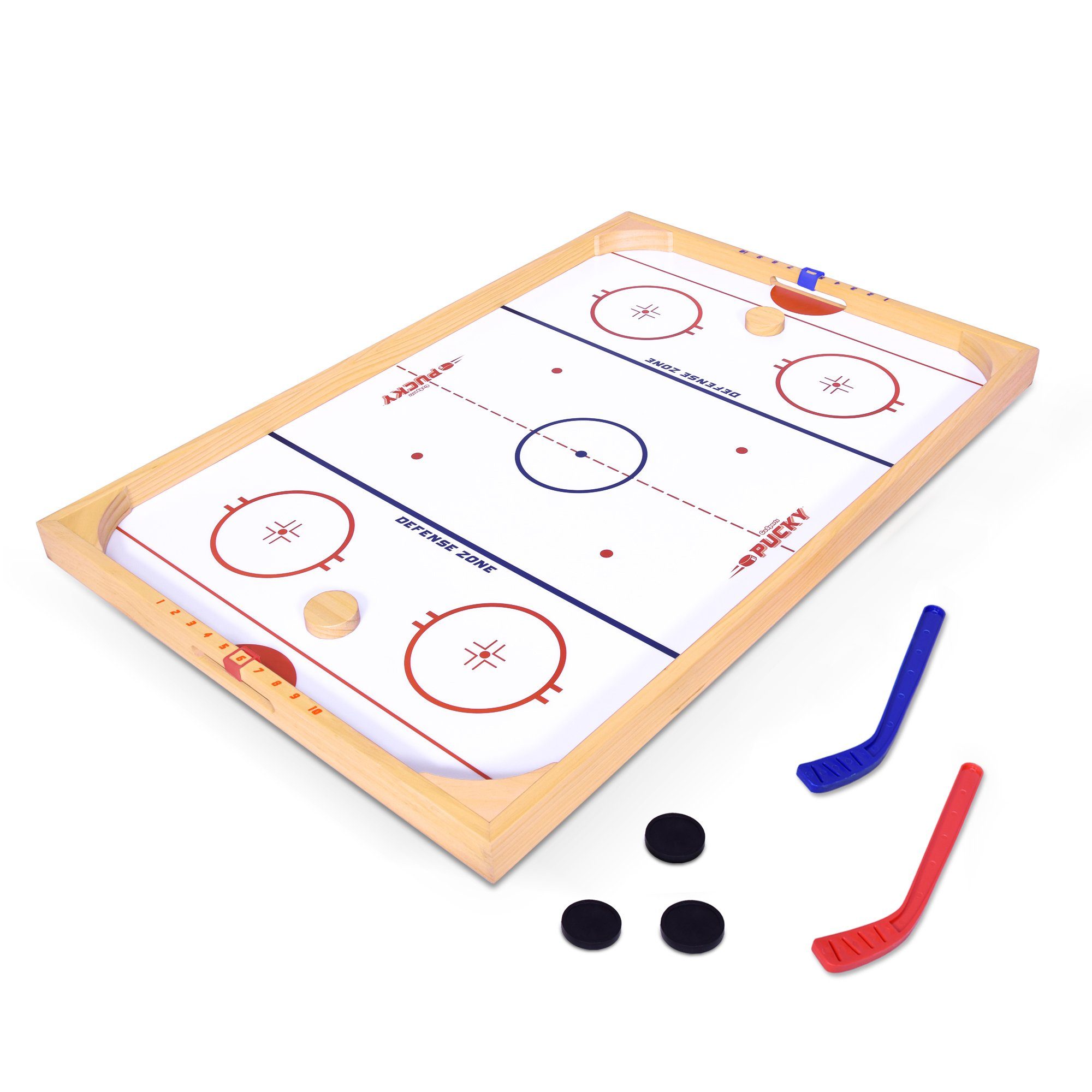 a wooden hockey board with two hockey boards and a hockey stick