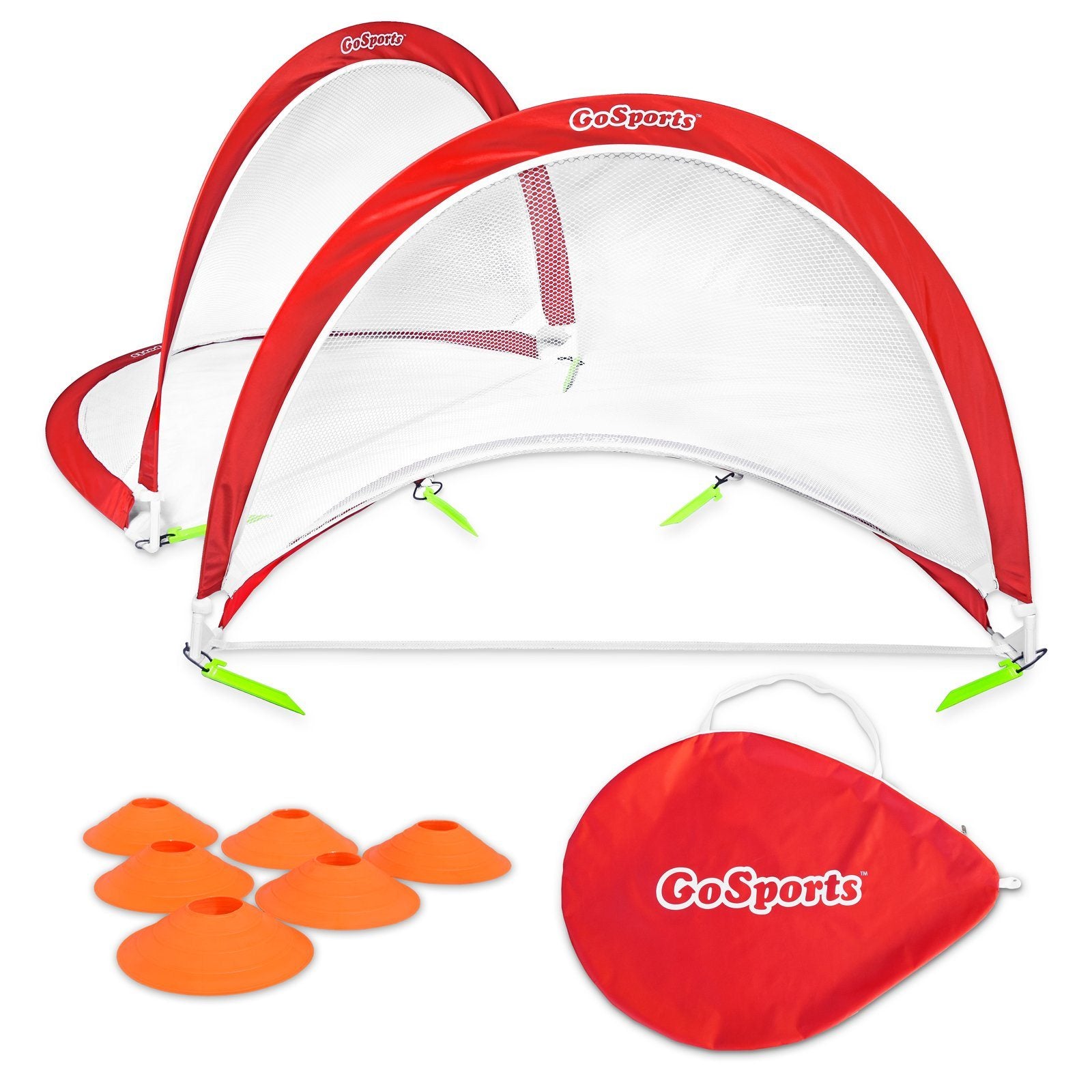 a red and white golf set with a red hat, two orange balls, and a white net