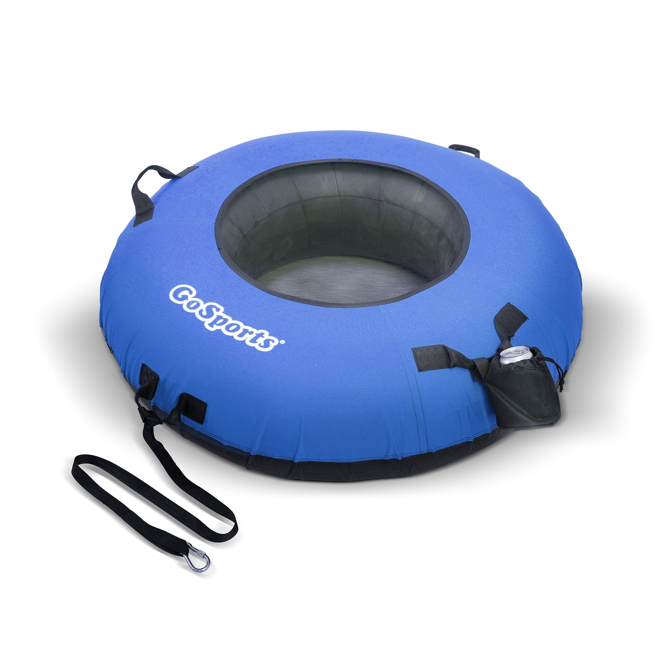 a blue inflatable with a black handle