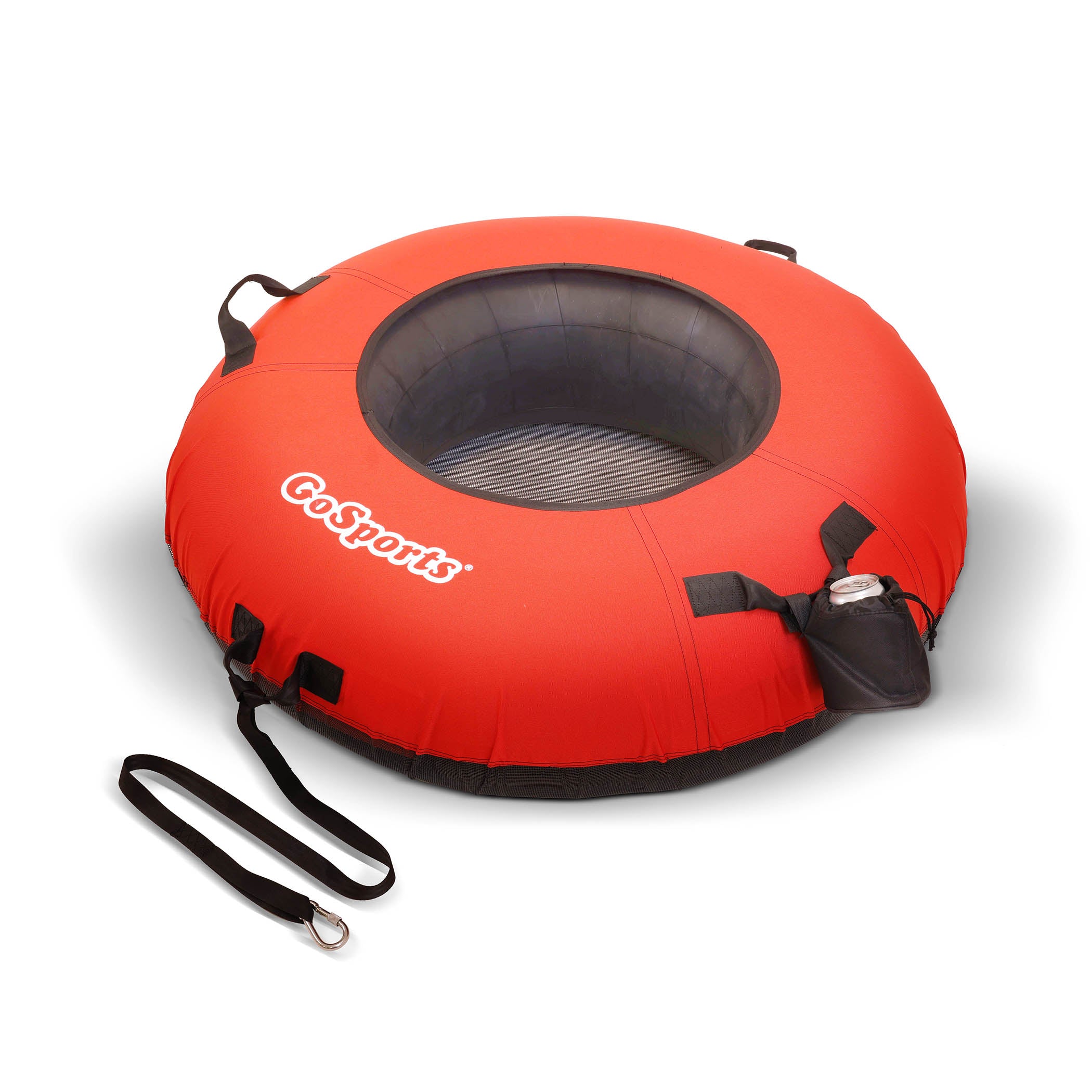 a red inflatable with a black handle