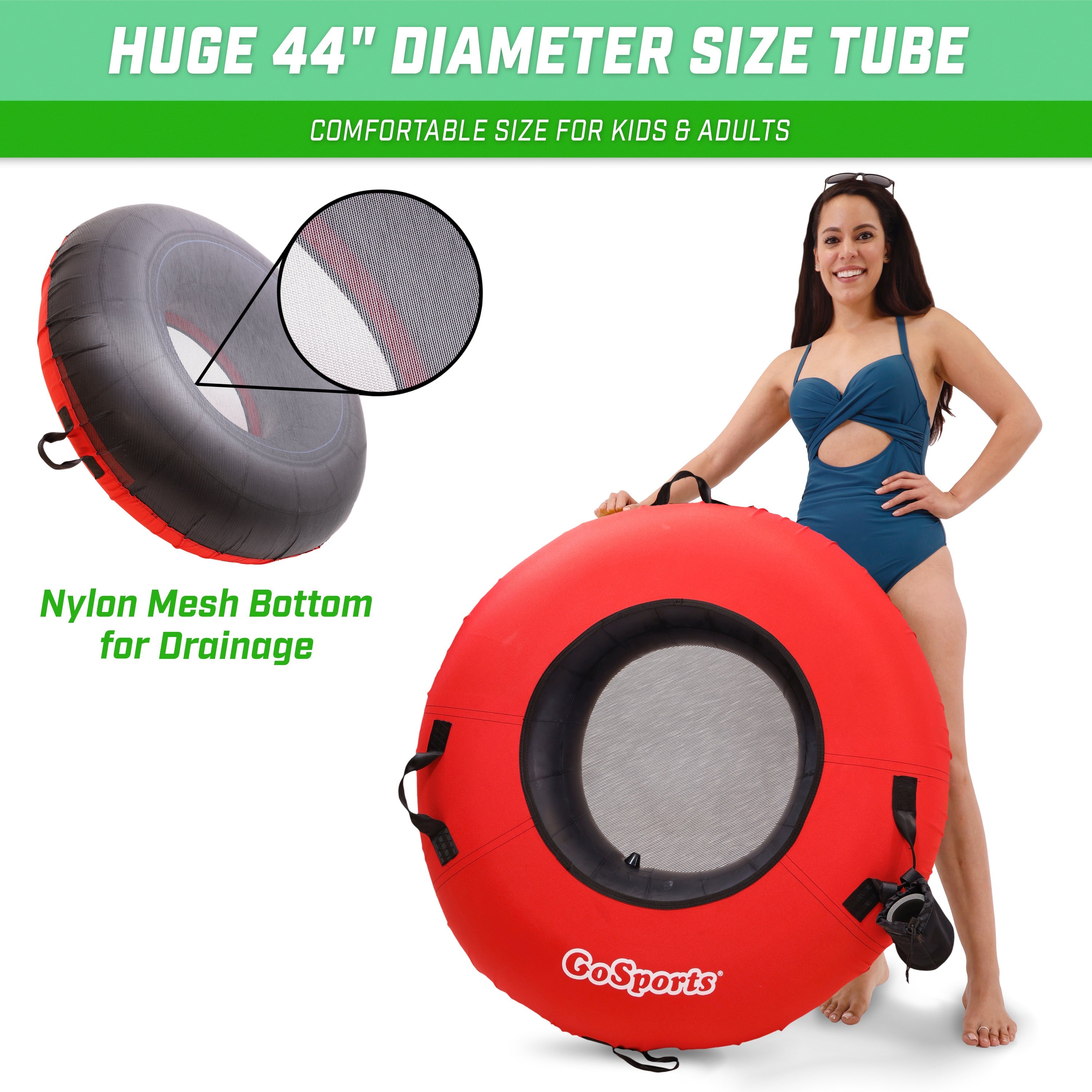 a woman in a bathing suit holding a large inflatable words display nylon mesh bottom for drainage