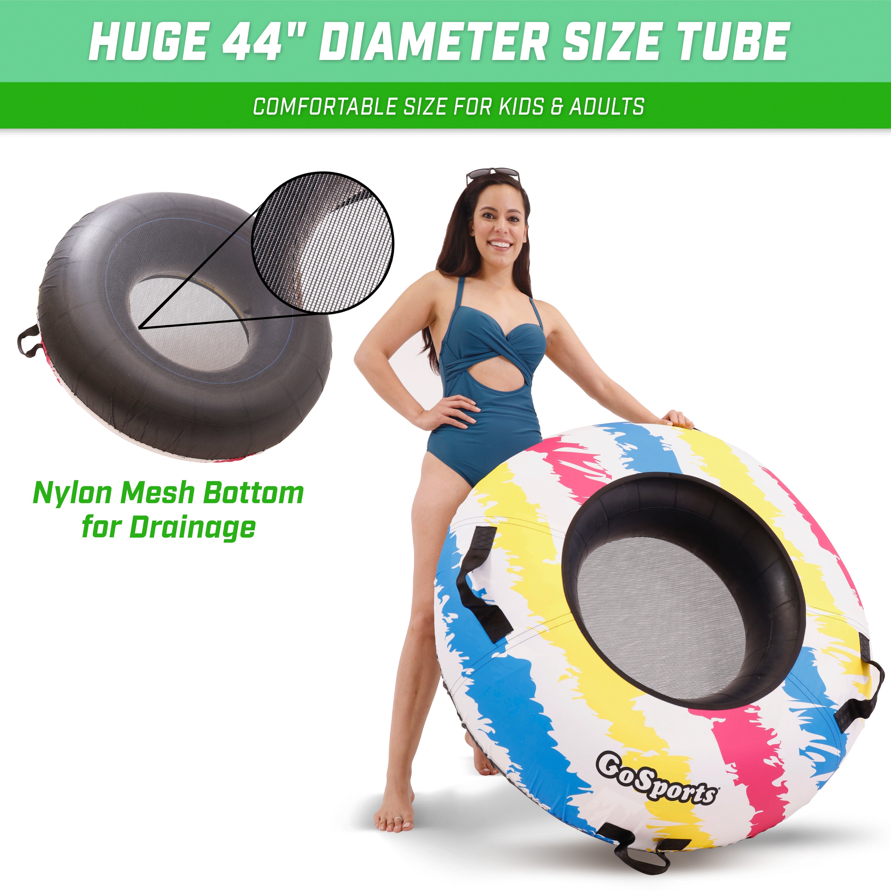 a woman in a bathing suit holding a large inflatable words display nylon mesh bottom for drainage
