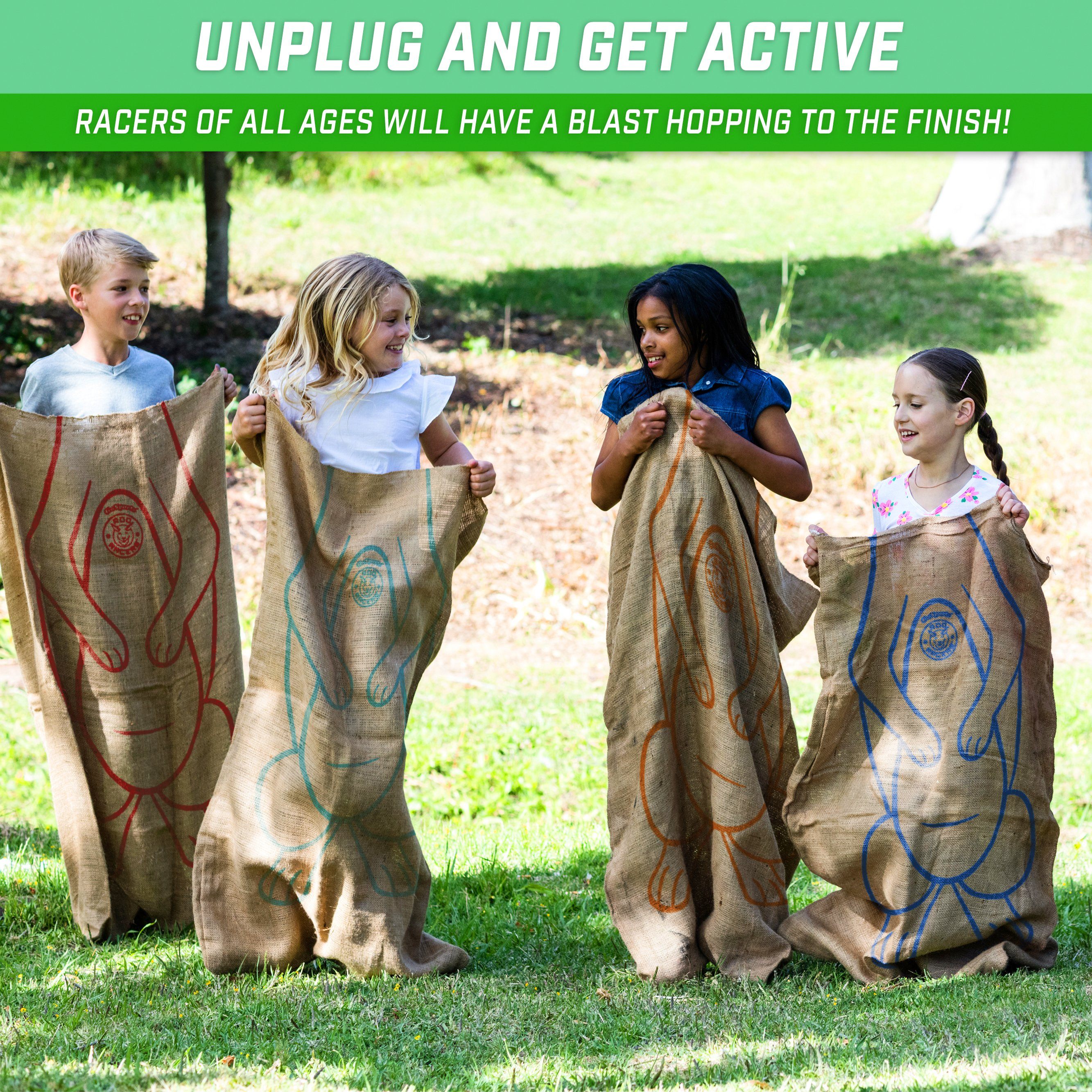 three children wrapped in brown paper bags with the words, up and get active