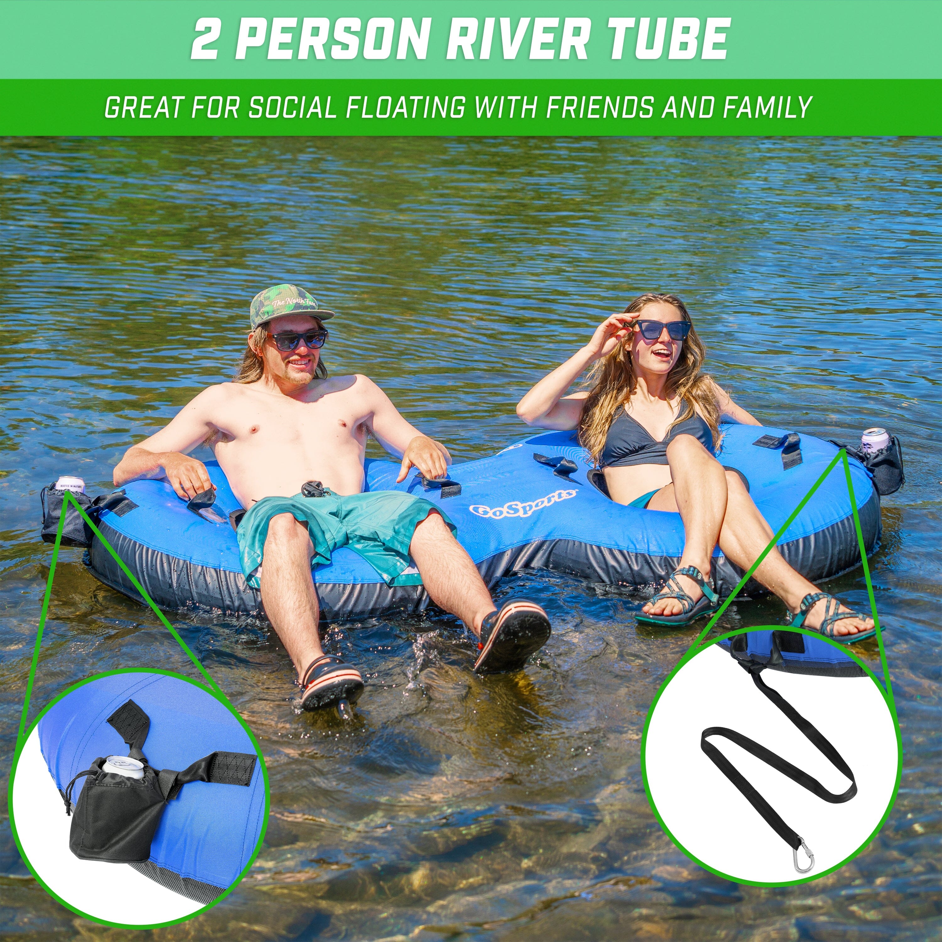 two people floating in a river with text that reads, 2 person river tub