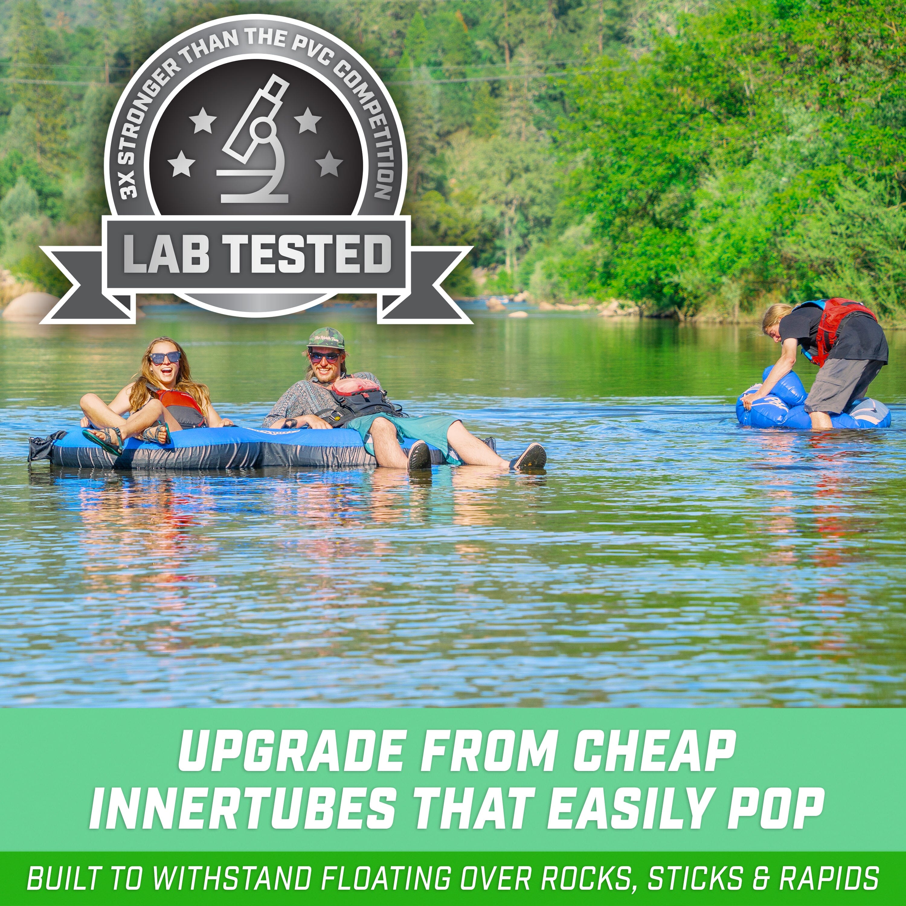 a group of people floating in a river with text that reads, ' grab from cheap, in