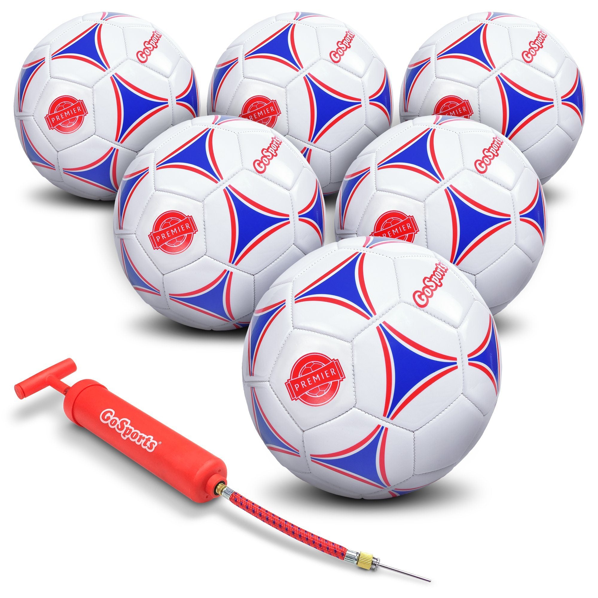 a group of soccer balls with a red and blue logo