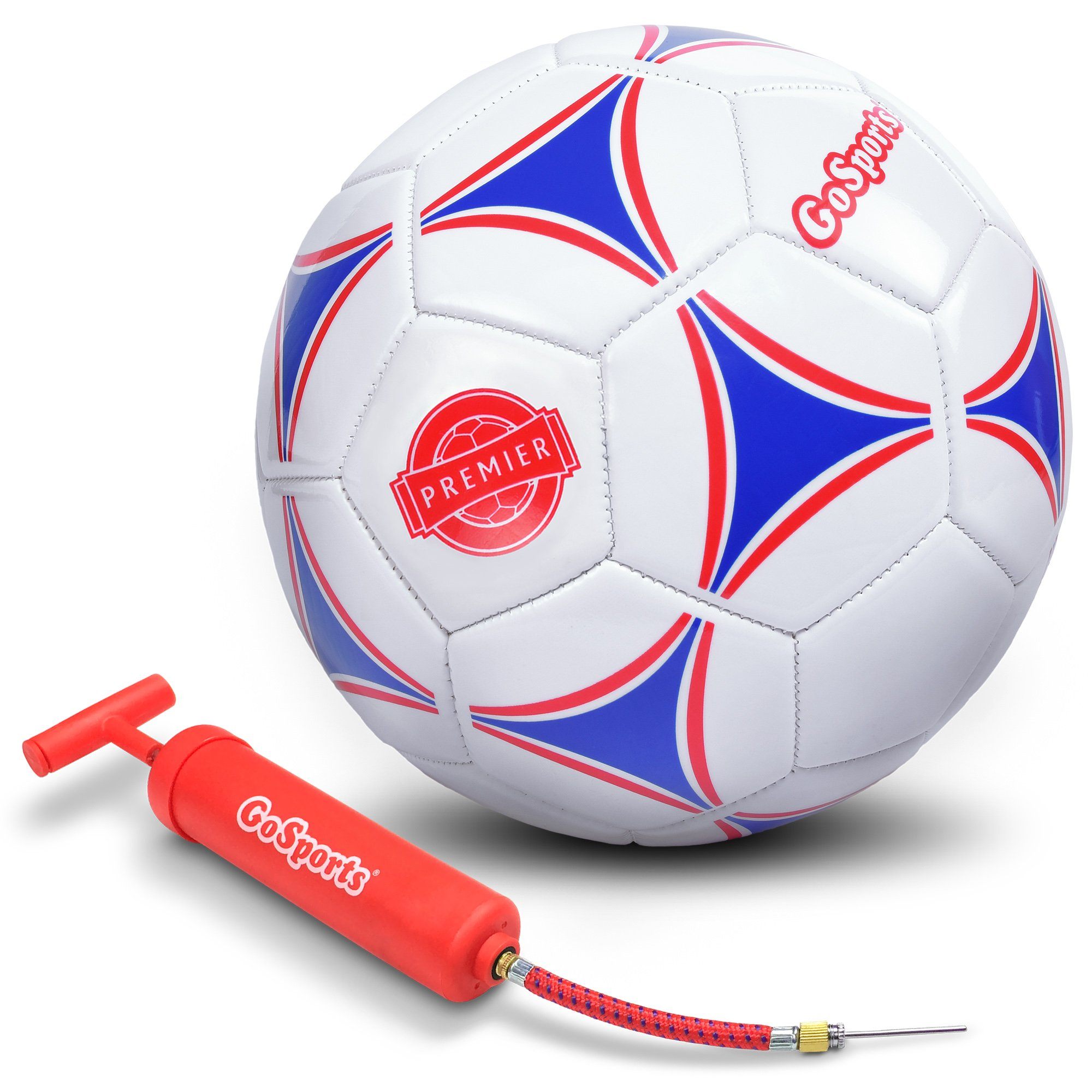 a soccer ball with a red and blue stripe