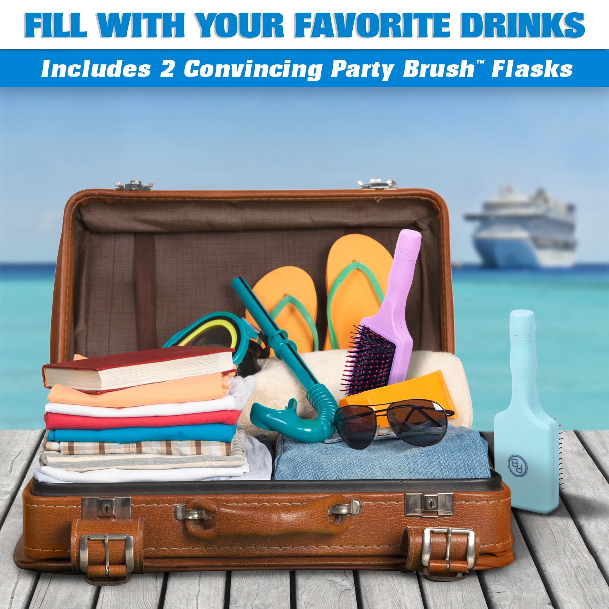 a suitcase filled with various items and a bottle of water