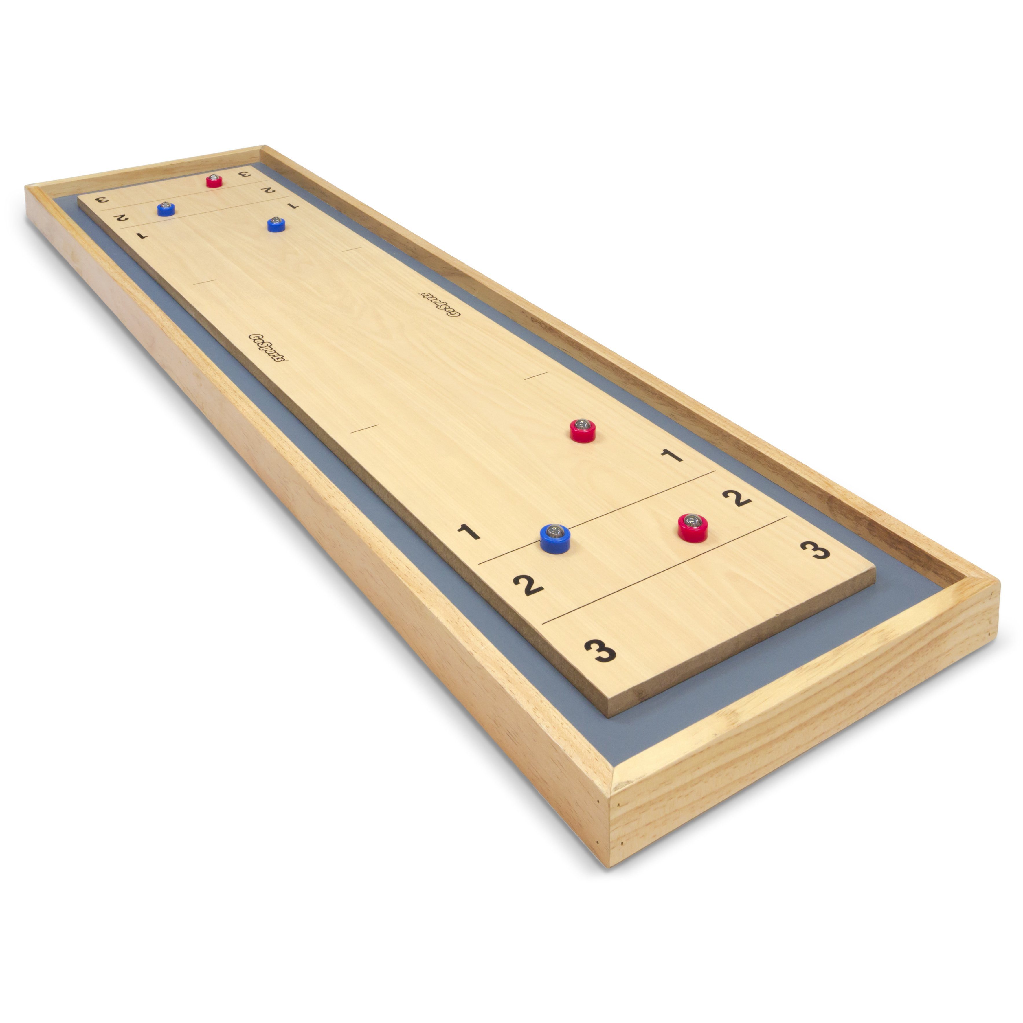 shuffleboard with wood color red and blue pieces sitting ontop
