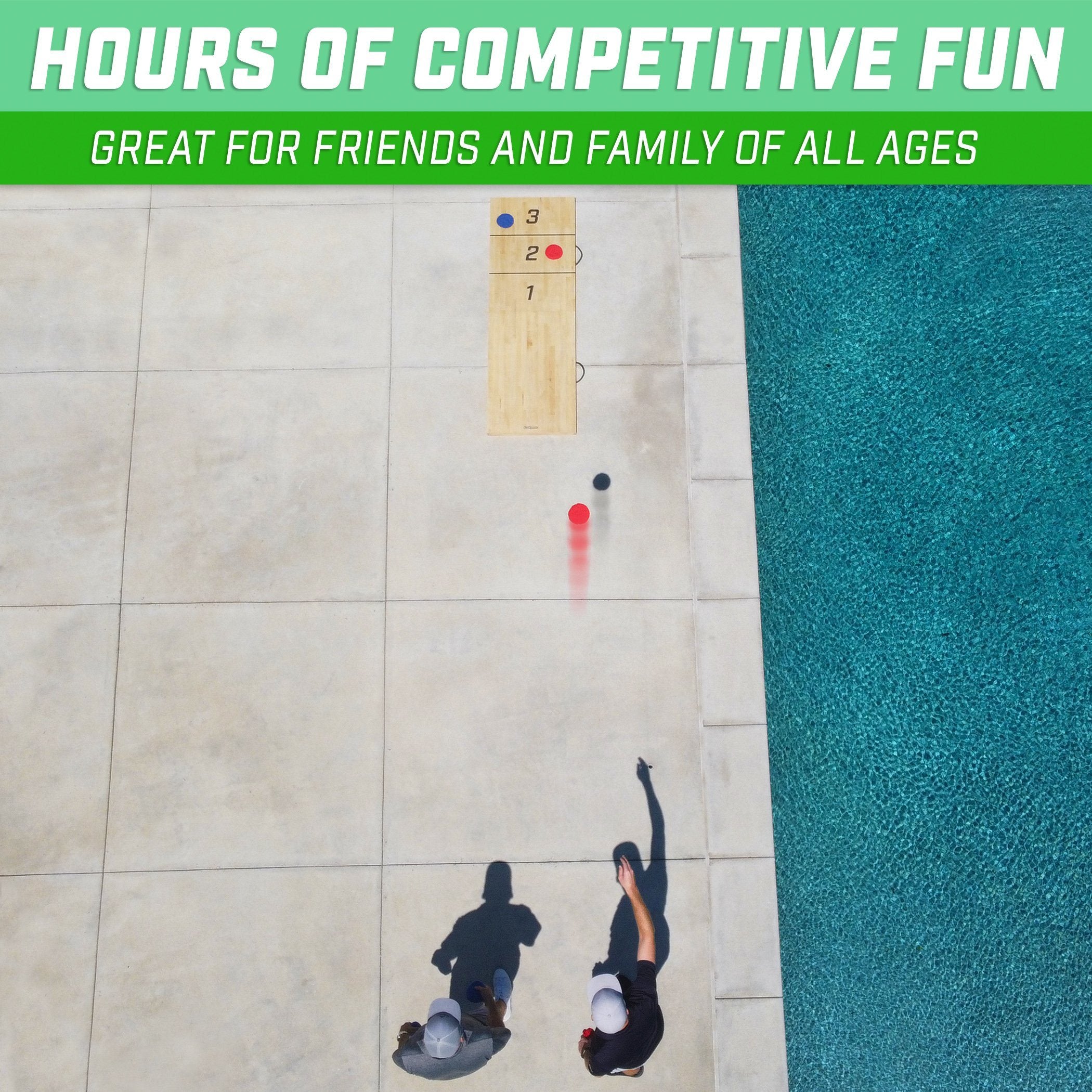 a man throwing a ball at a pool with the words, hos competitive fun