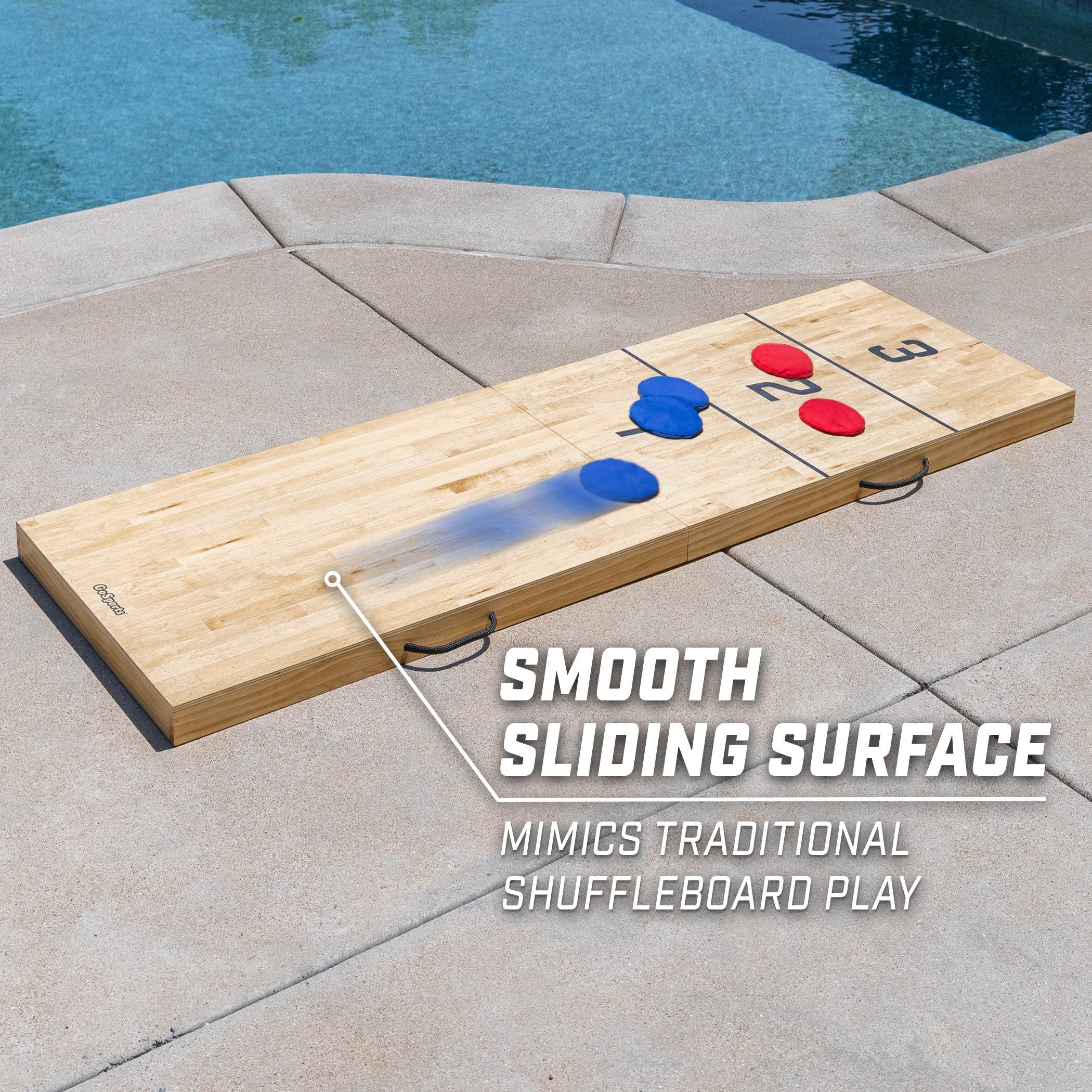 a wooden shuffle board with a blue and red ball on it