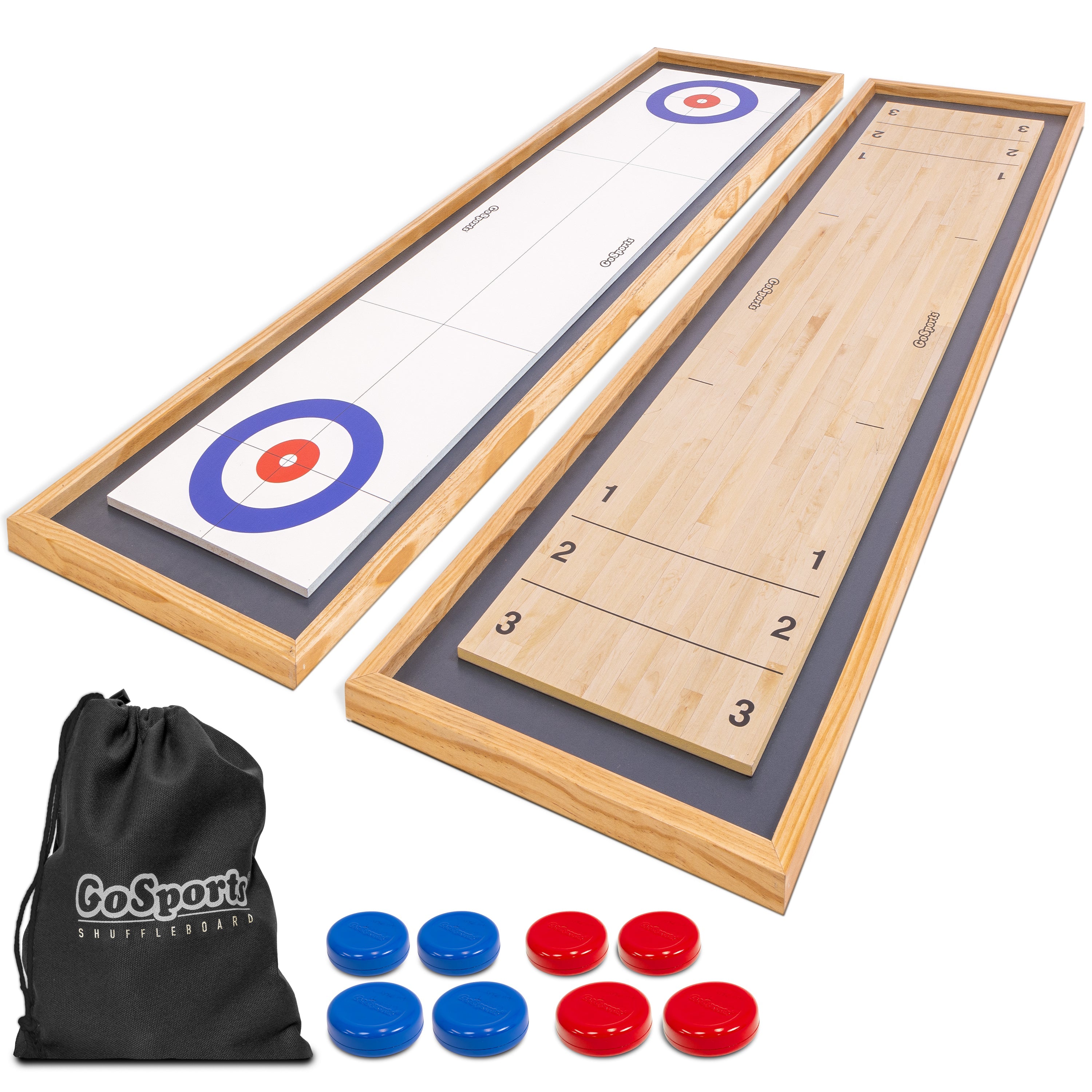 a wooden shuffle board with three red and blue circles