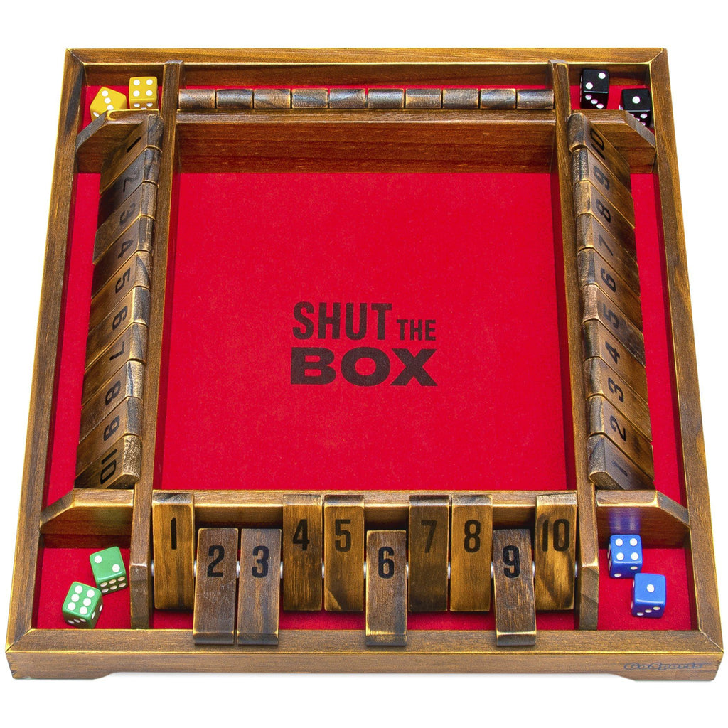 GoSports Shut the Box Premium Wooden Dice Game, Classic 4 Player Family Board Game - 12 Number Rows with Red Felt, Dice and Wood Stain Finish - For Kids and Adults Derby Dash playgosports.com 