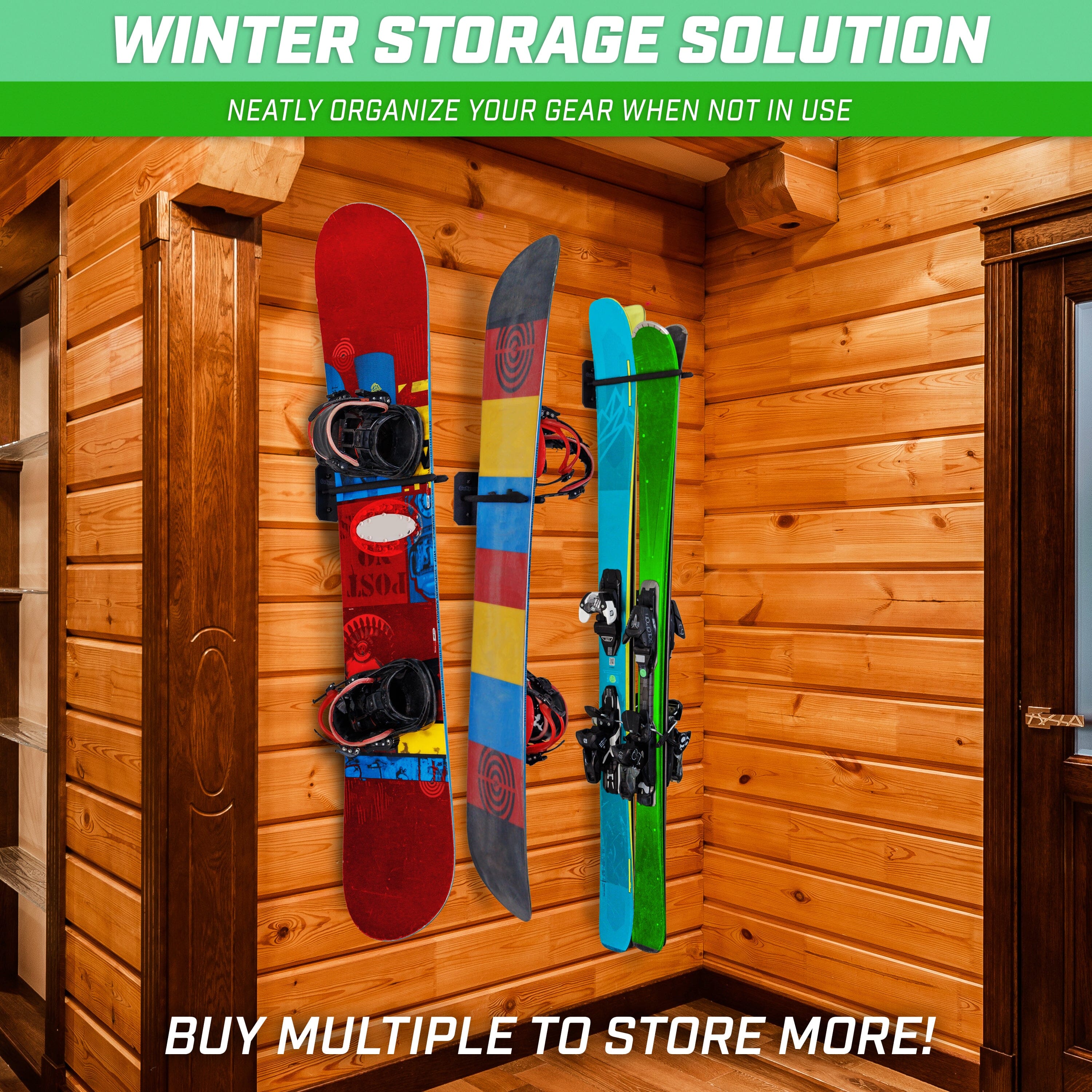 a wooden wall with a bunch of snowboards on it