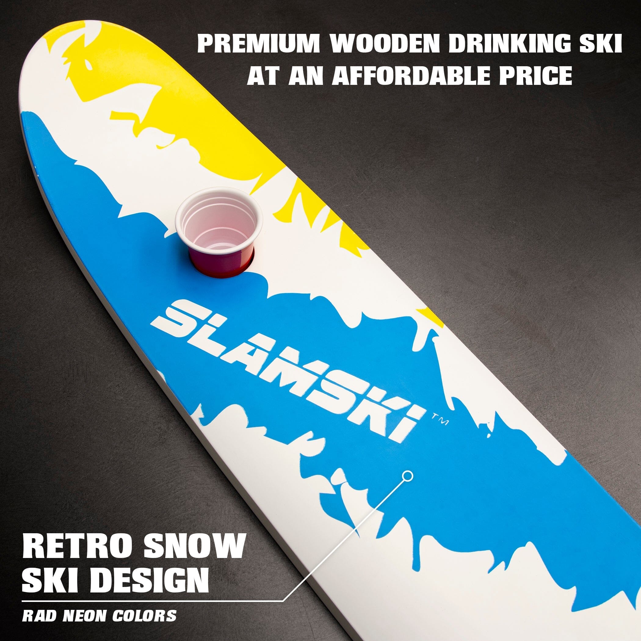 a skateboard with a blue and yellow design