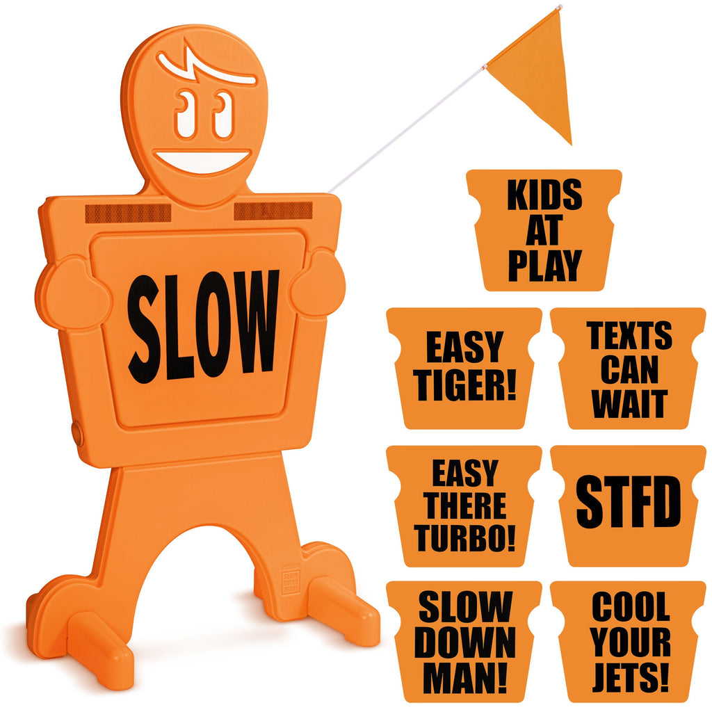 GoSports SlowDownMan! Street Safety Sign - 3ft High Visibility Kids at Play Signage for Neighborhoods with 8 Decal Options and Flag playgosports.com 