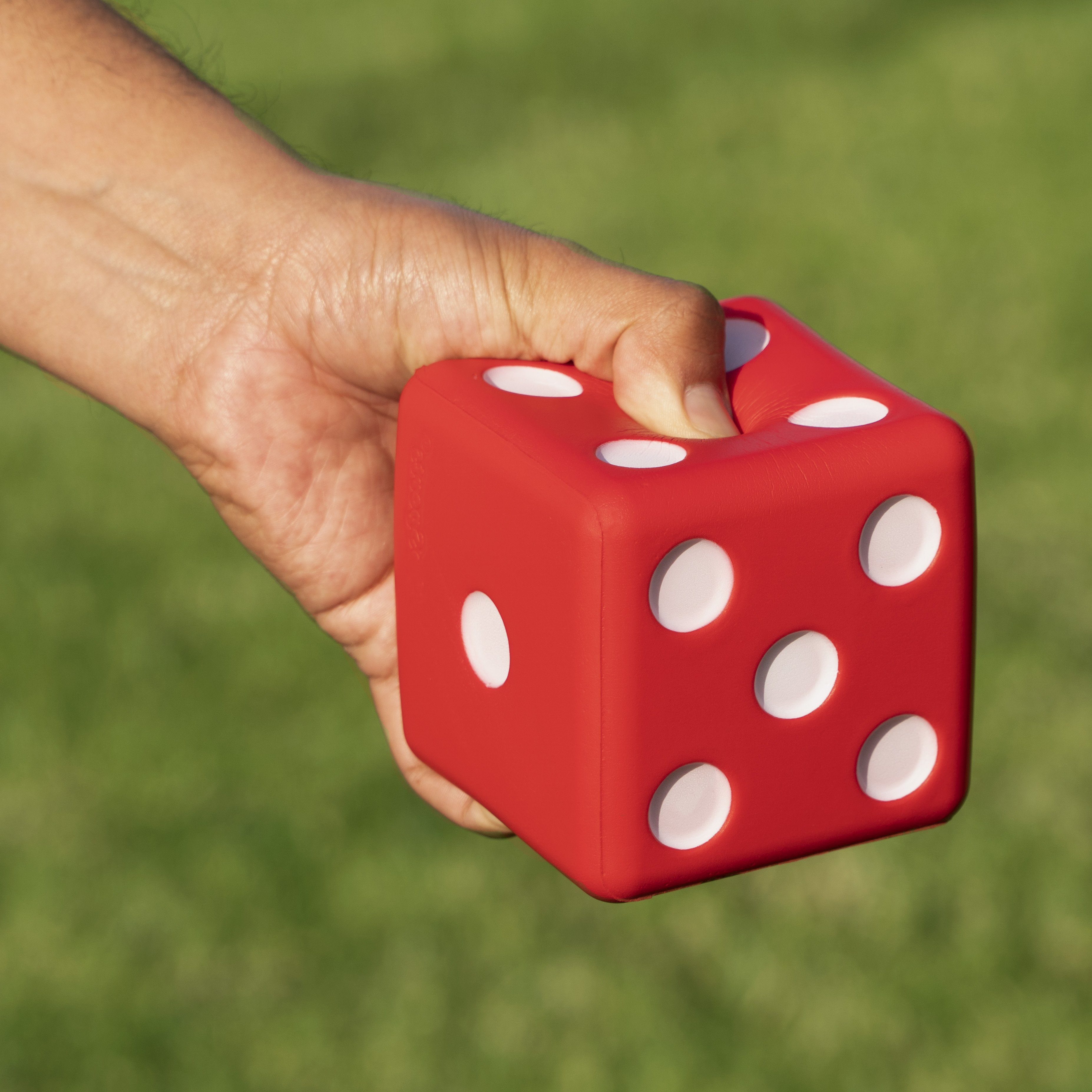a person holding a red dice in their hand