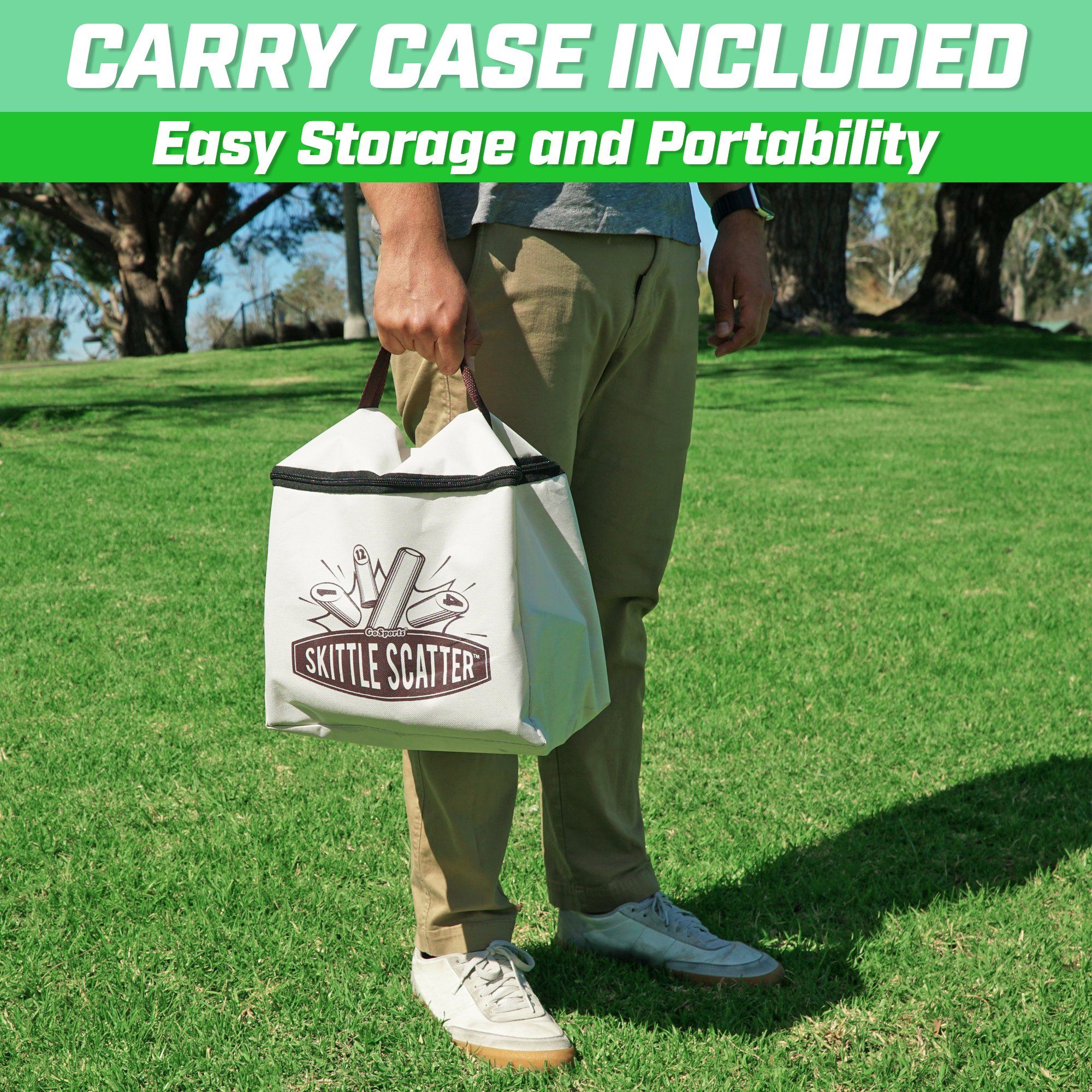 a man holding a bag with the words carry case included