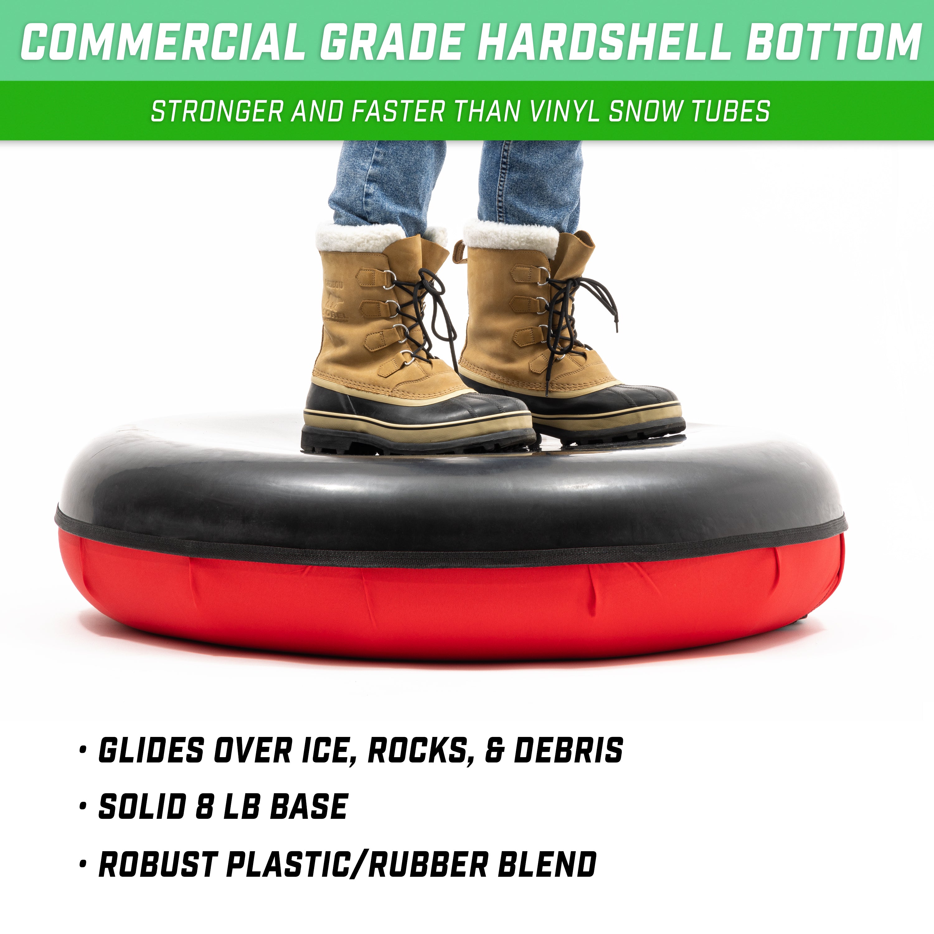 a person standing on a rubber tube