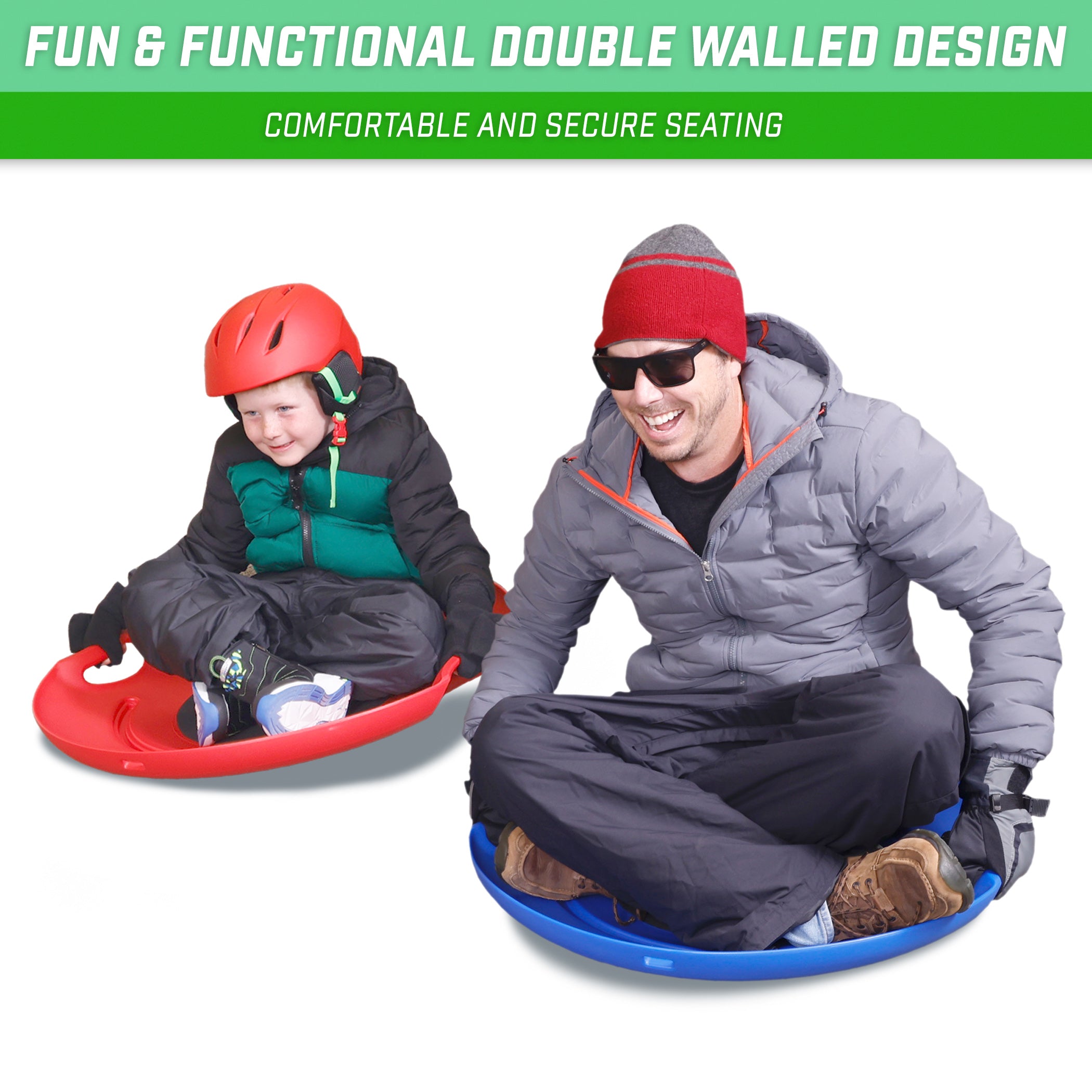 man on top of blue saucer child on top of a red saucer