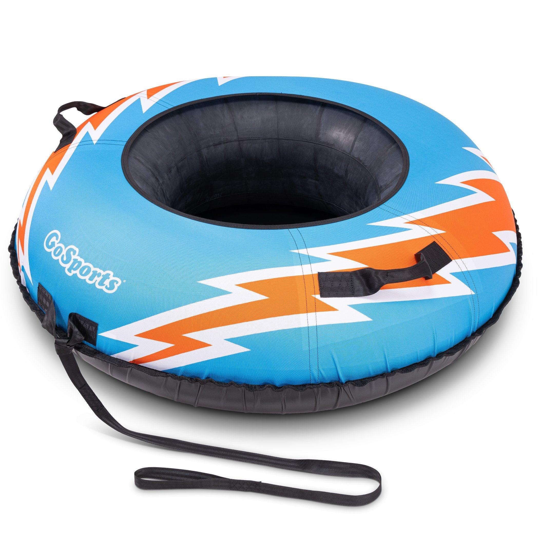 a blue and orange inflatable with a black handle