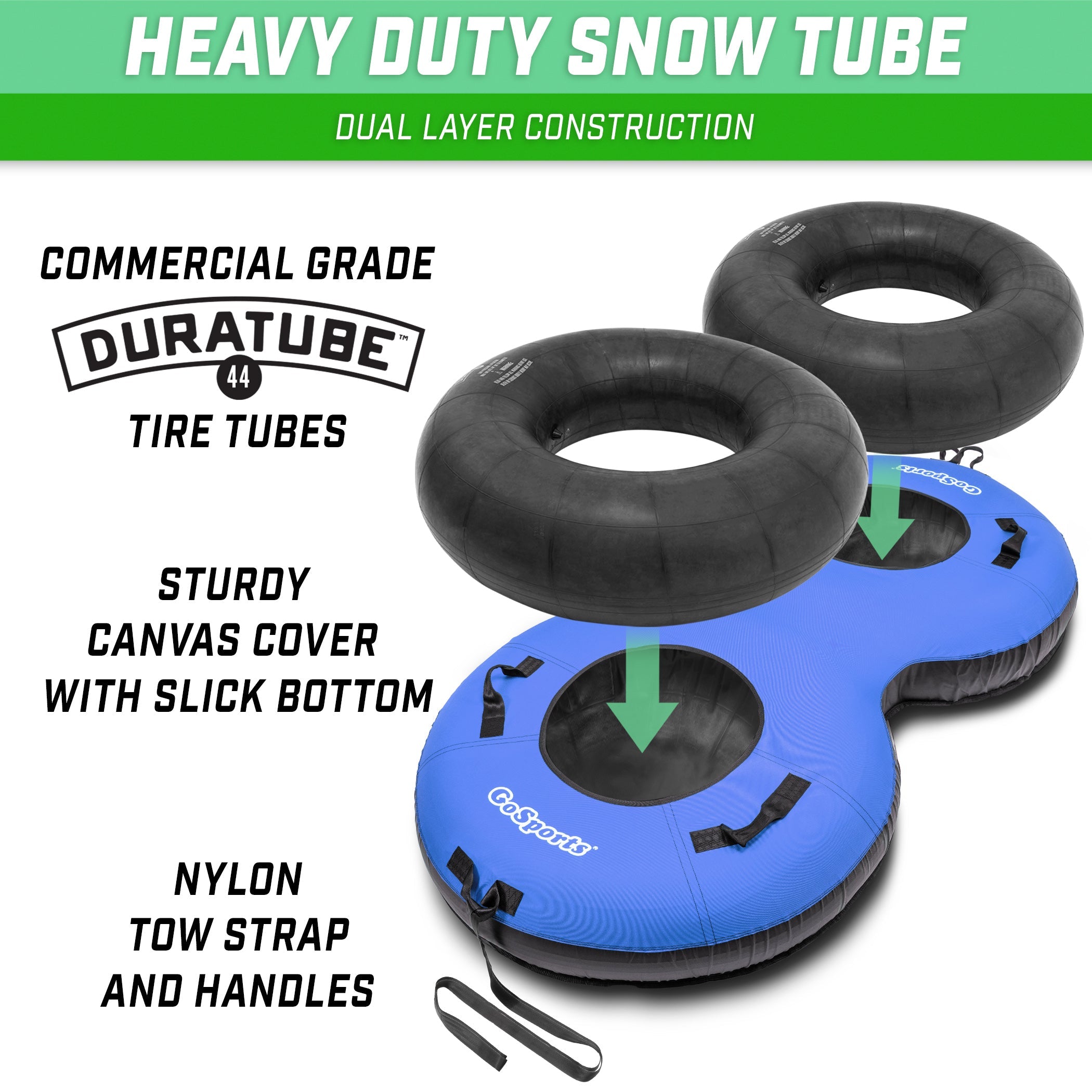 two black rubber wheels on top of a blue snow tube