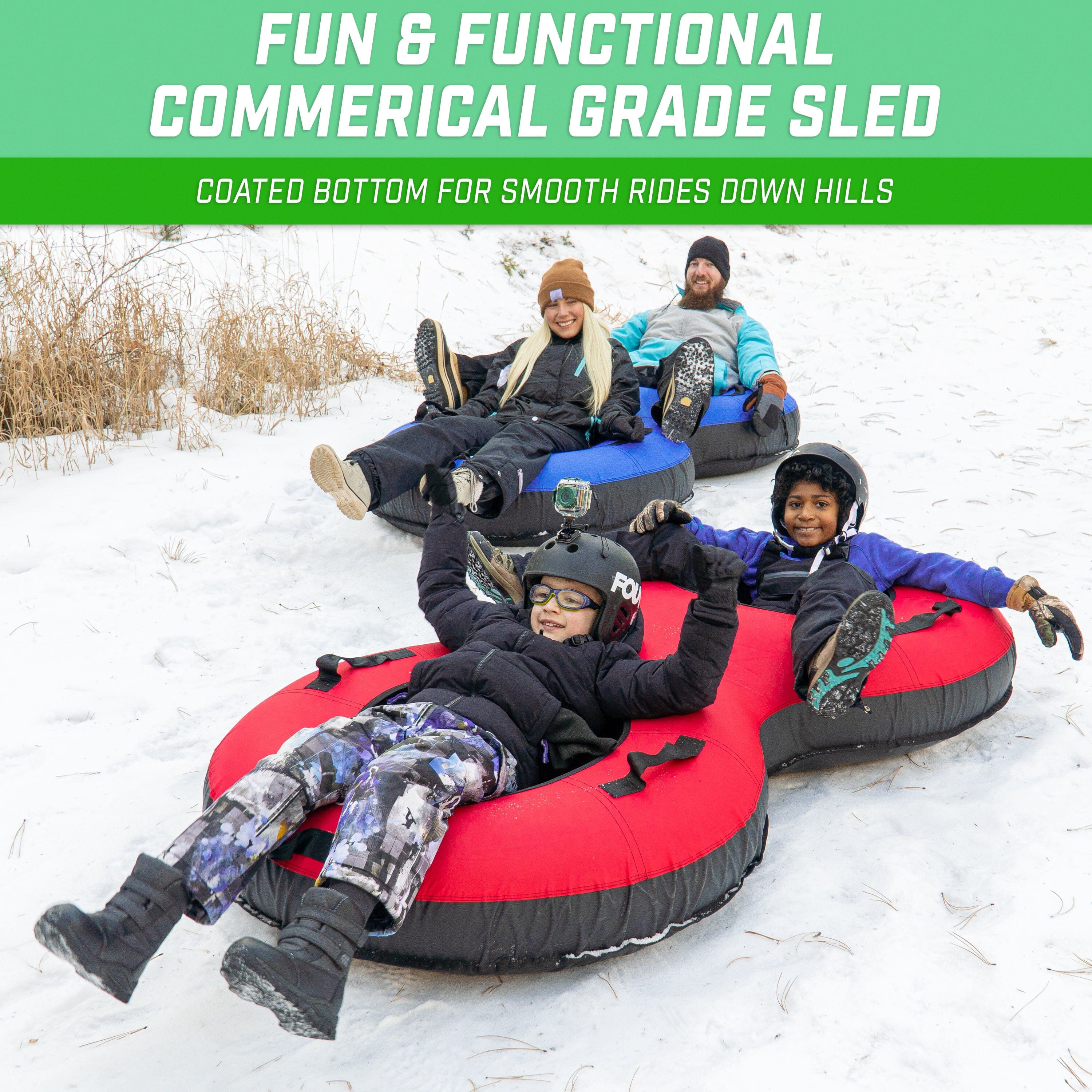 a group of kids sled down a hill