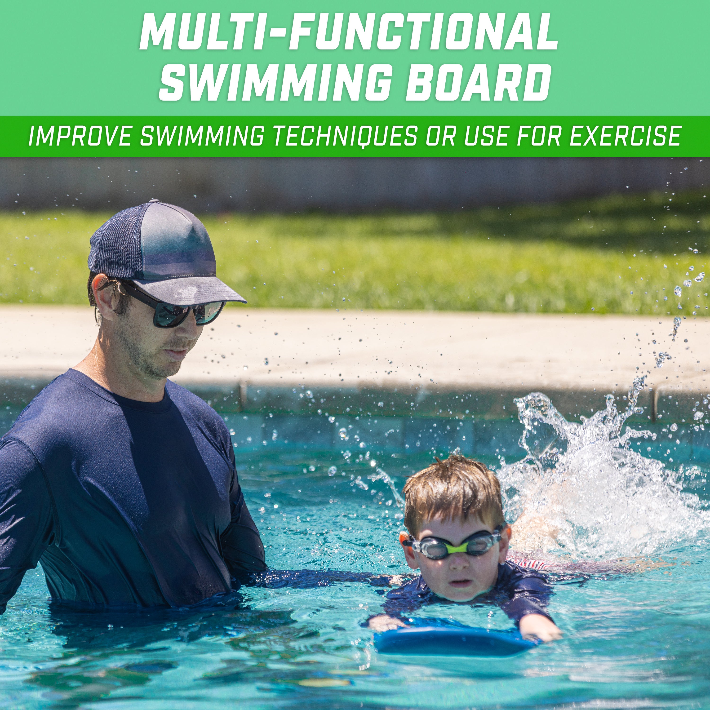 a man and a child in a pool with water board