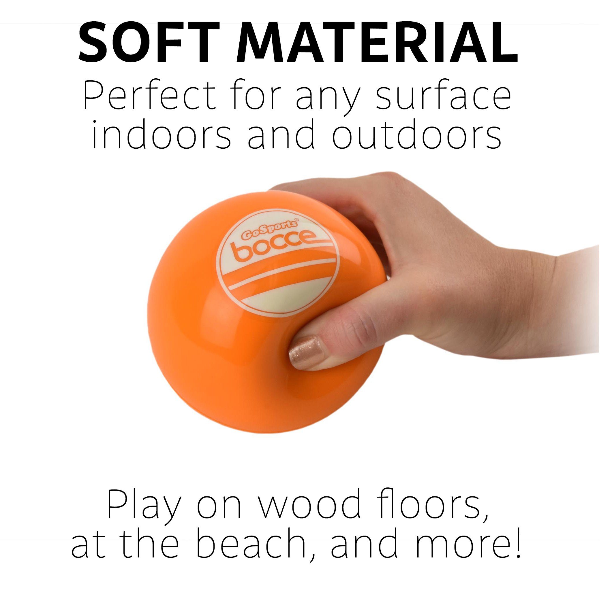 a hand holding an orange ball with the words, soft material perfect for any surface
