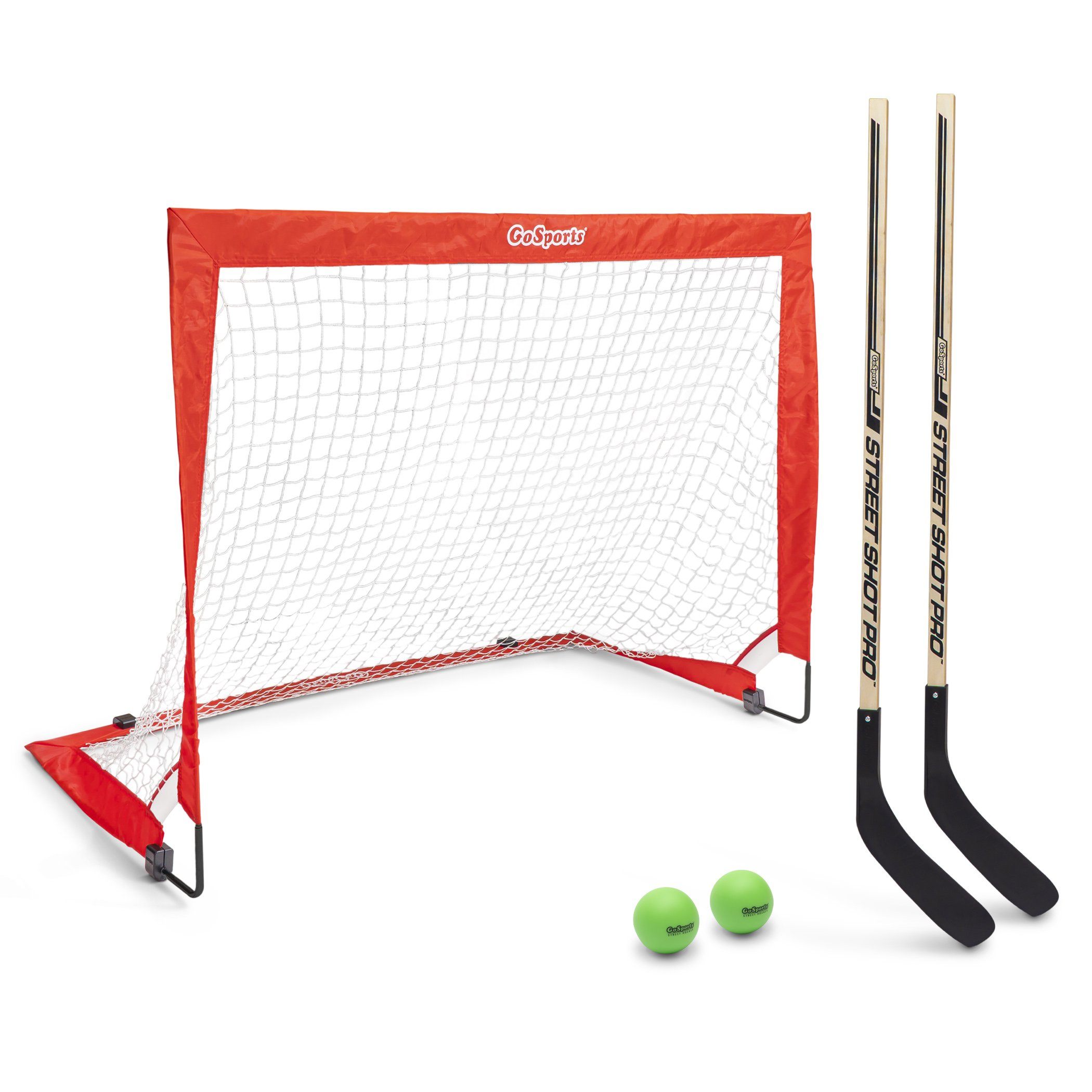 the goal set includes a hockey stick, a ball and a hockey stick