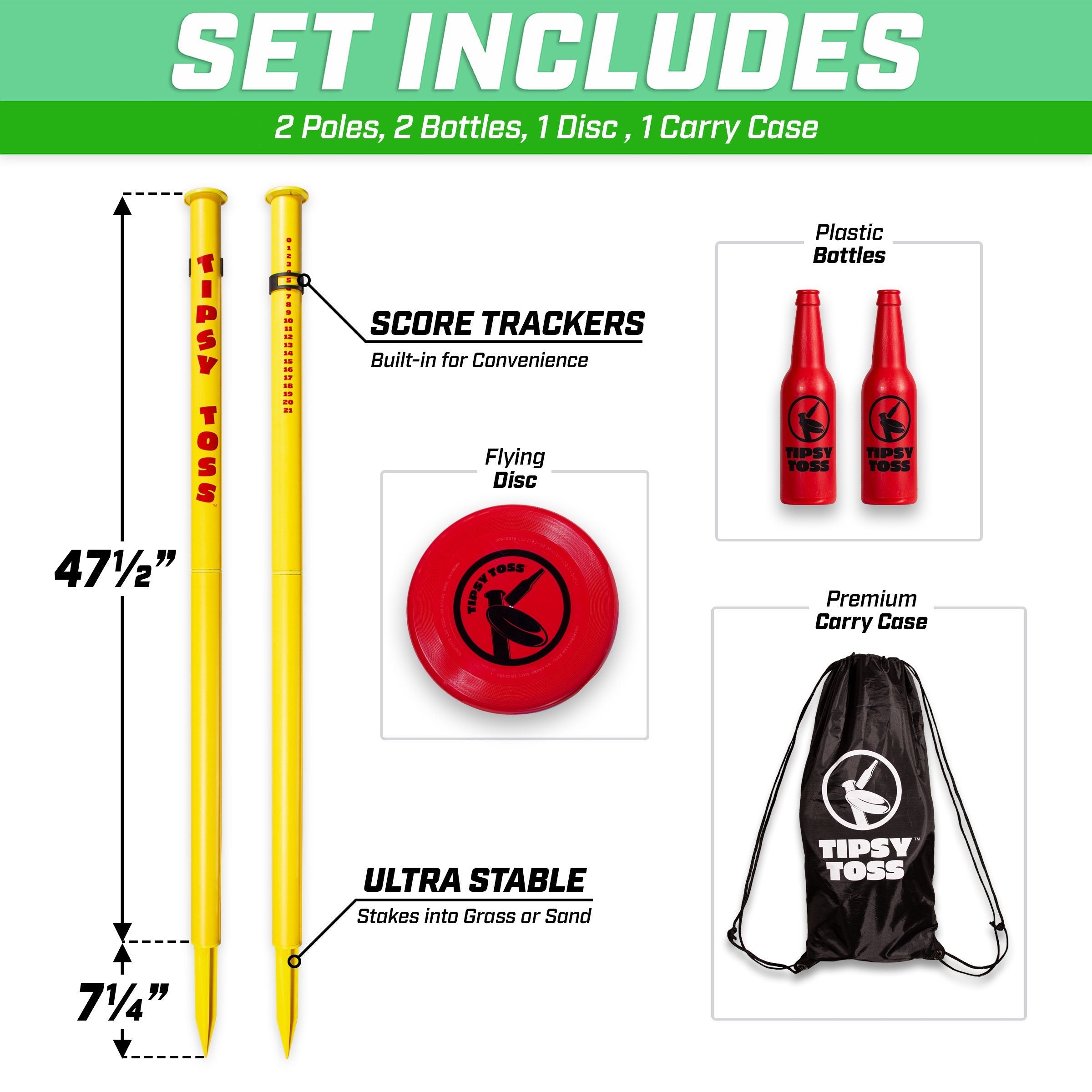 the stigue set includes a red ball, a yellow stick and a black bag