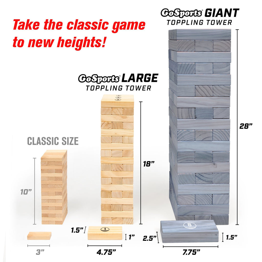 GoSports Giant Wooden Toppling Tower | Includes Bonus Rules with Gameboard | Made from Premium Gray Stained Blocks Tumbling Tower playgosports.com 