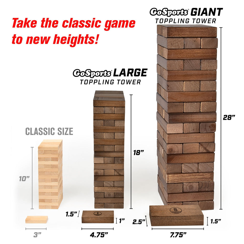 GoSports Large Dark Stain Toppling Tower with Bonus Rules | Starts at 1.5' and grows to over 3' | Made from Premium Brown Stained Blocks Tumbling Tower playgosports.com 