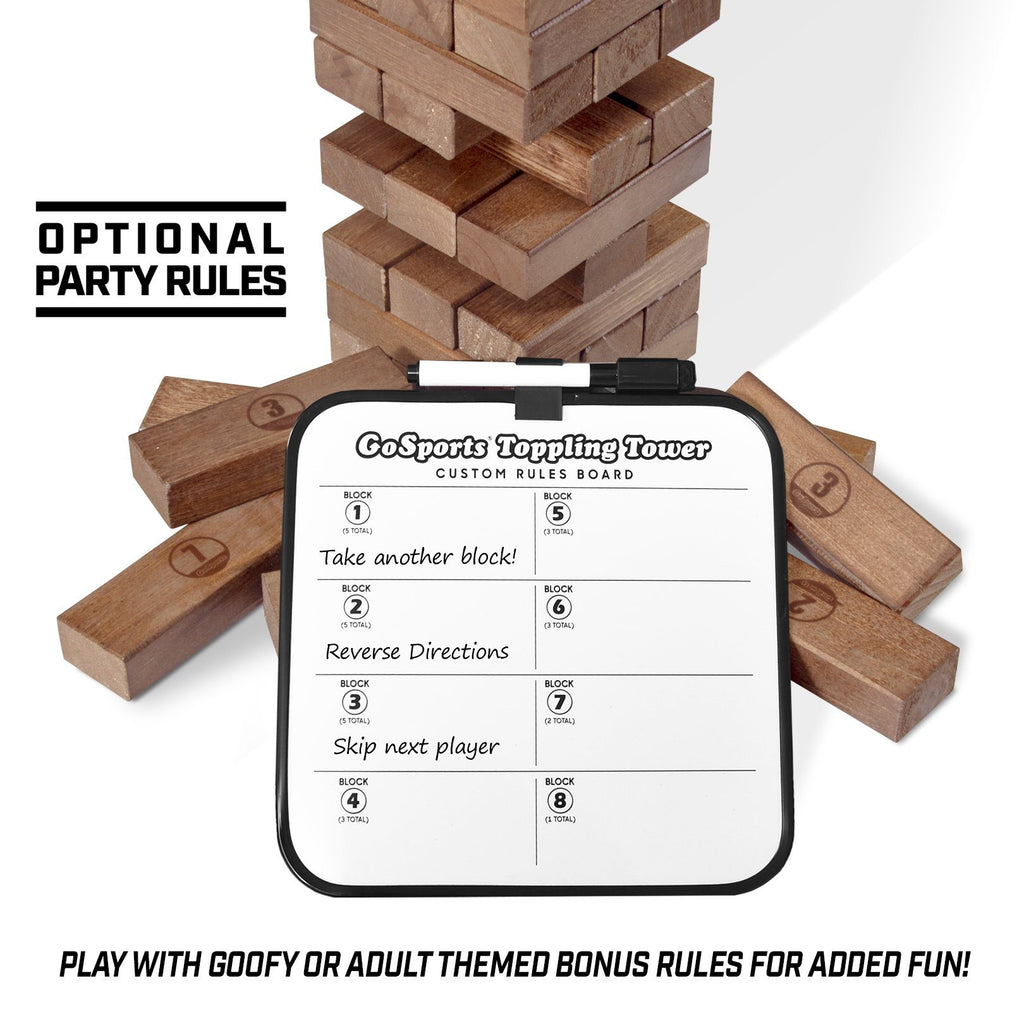 GoSports Large Dark Stain Toppling Tower with Bonus Rules | Starts at 1.5' and grows to over 3' | Made from Premium Brown Stained Blocks Tumbling Tower playgosports.com 