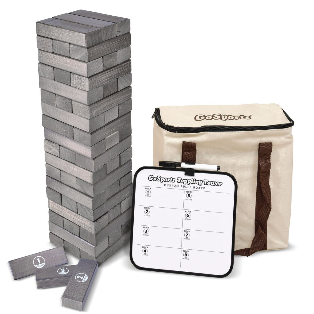 GoSports Large Gray Stain Toppling Tower with Bonus Rules | Starts at 1.5' and grows to over 3' | Made from Premium Gray Stained Blocks Tumbling Tower playgosports.com 