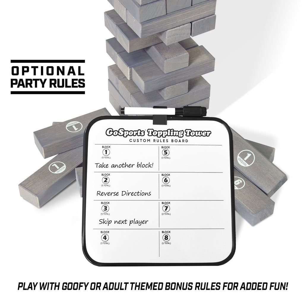 GoSports Large Gray Stain Toppling Tower with Bonus Rules | Starts at 1.5' and grows to over 3' | Made from Premium Gray Stained Blocks Tumbling Tower playgosports.com 