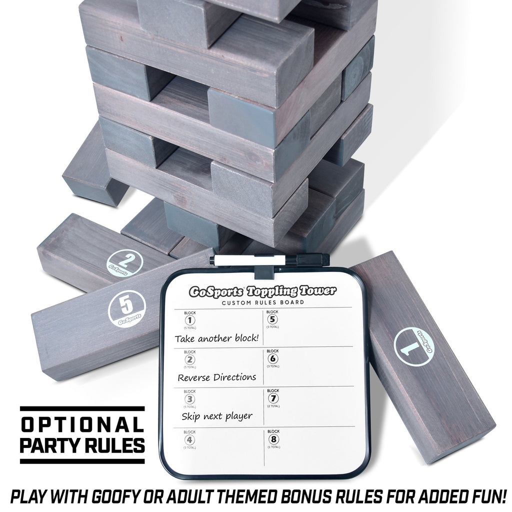 GoSports Giant Wooden Toppling Tower | Includes Bonus Rules with Gameboard | Made from Premium Gray Stained Blocks Tumbling Tower playgosports.com 