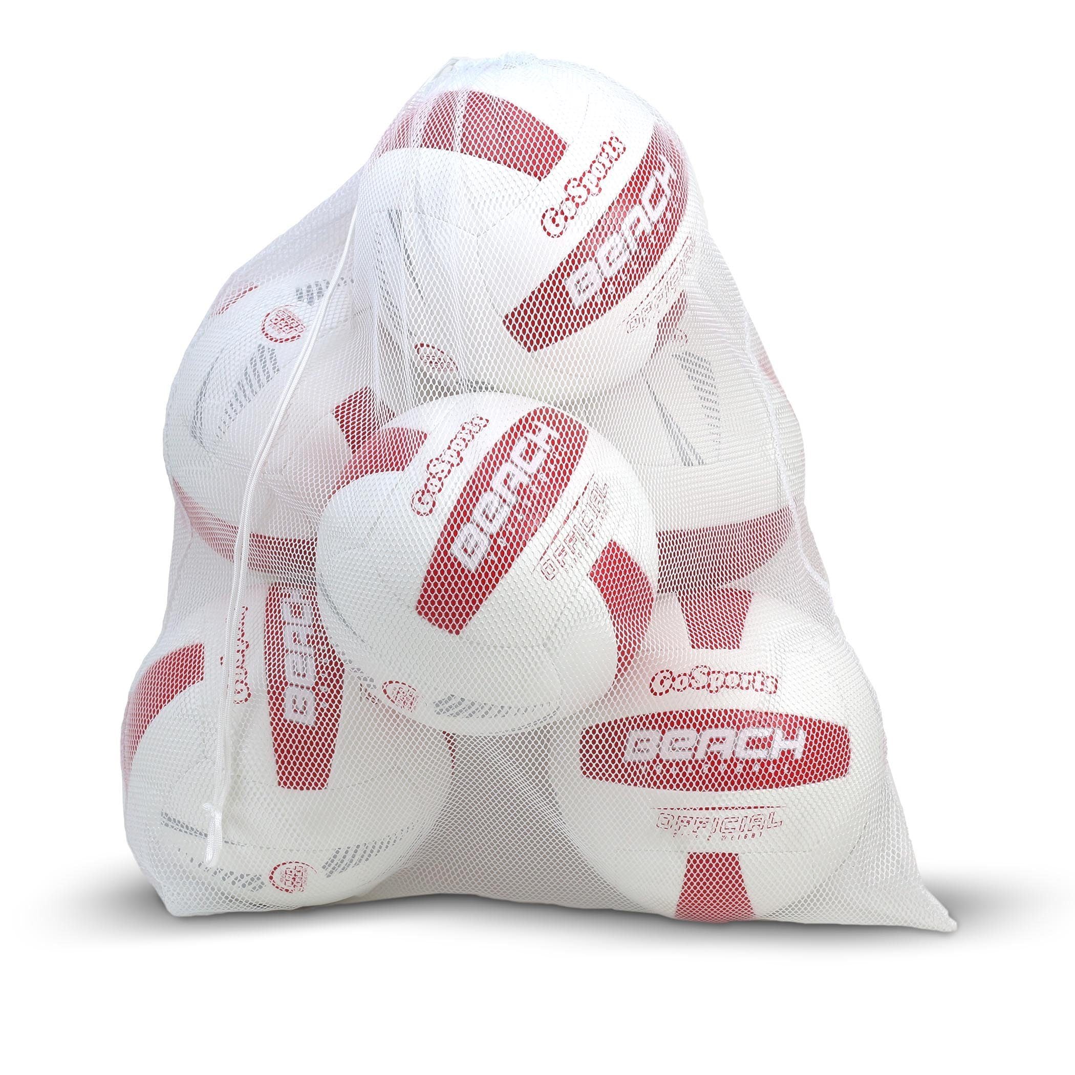 a pile of white and red rugby balls