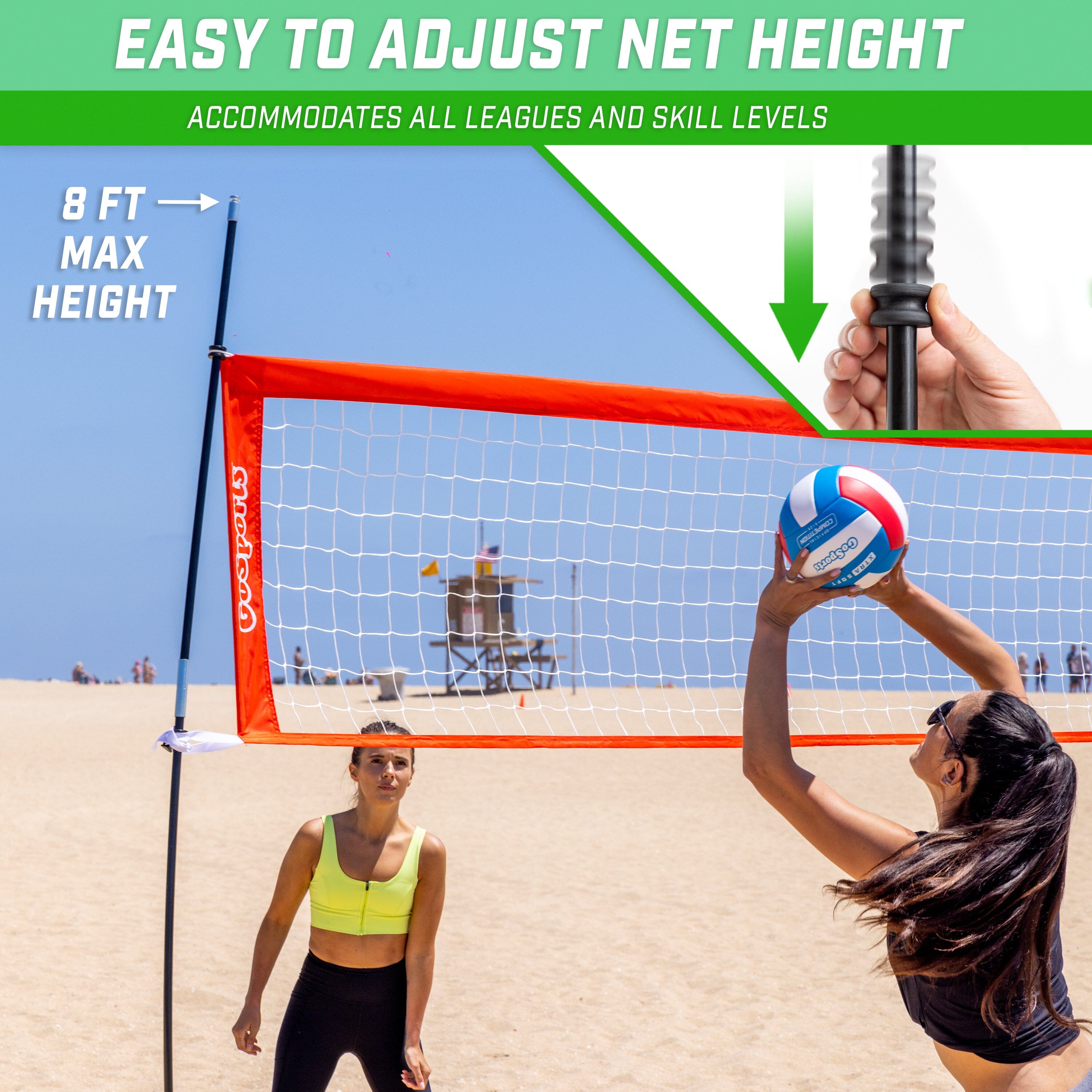 a woman hitting a volleyball ball with a volleyball net