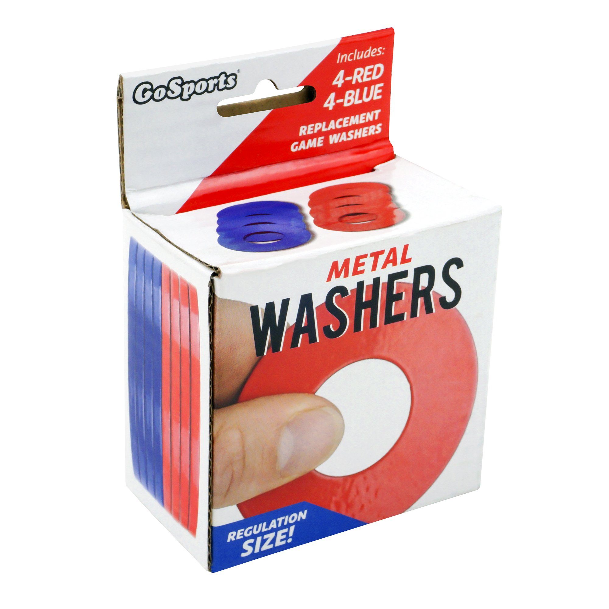 a box of washers with a hand holding a red and blue washer