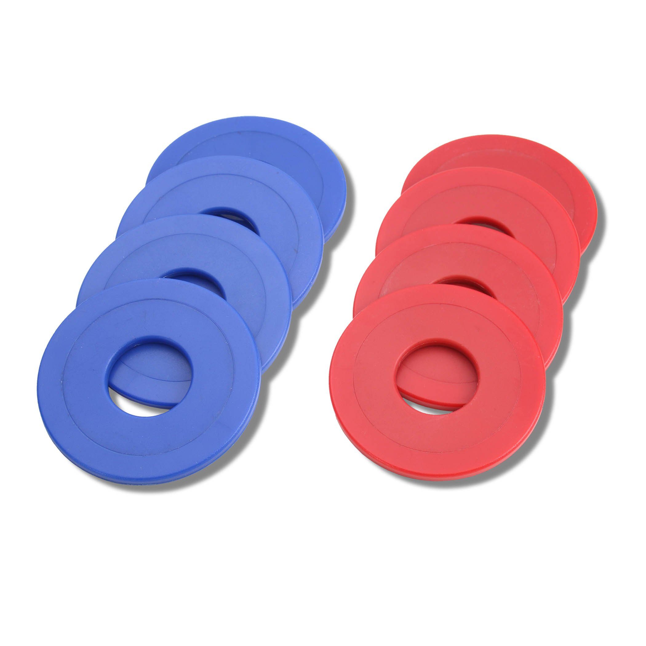a set of four red and blue plastic washers