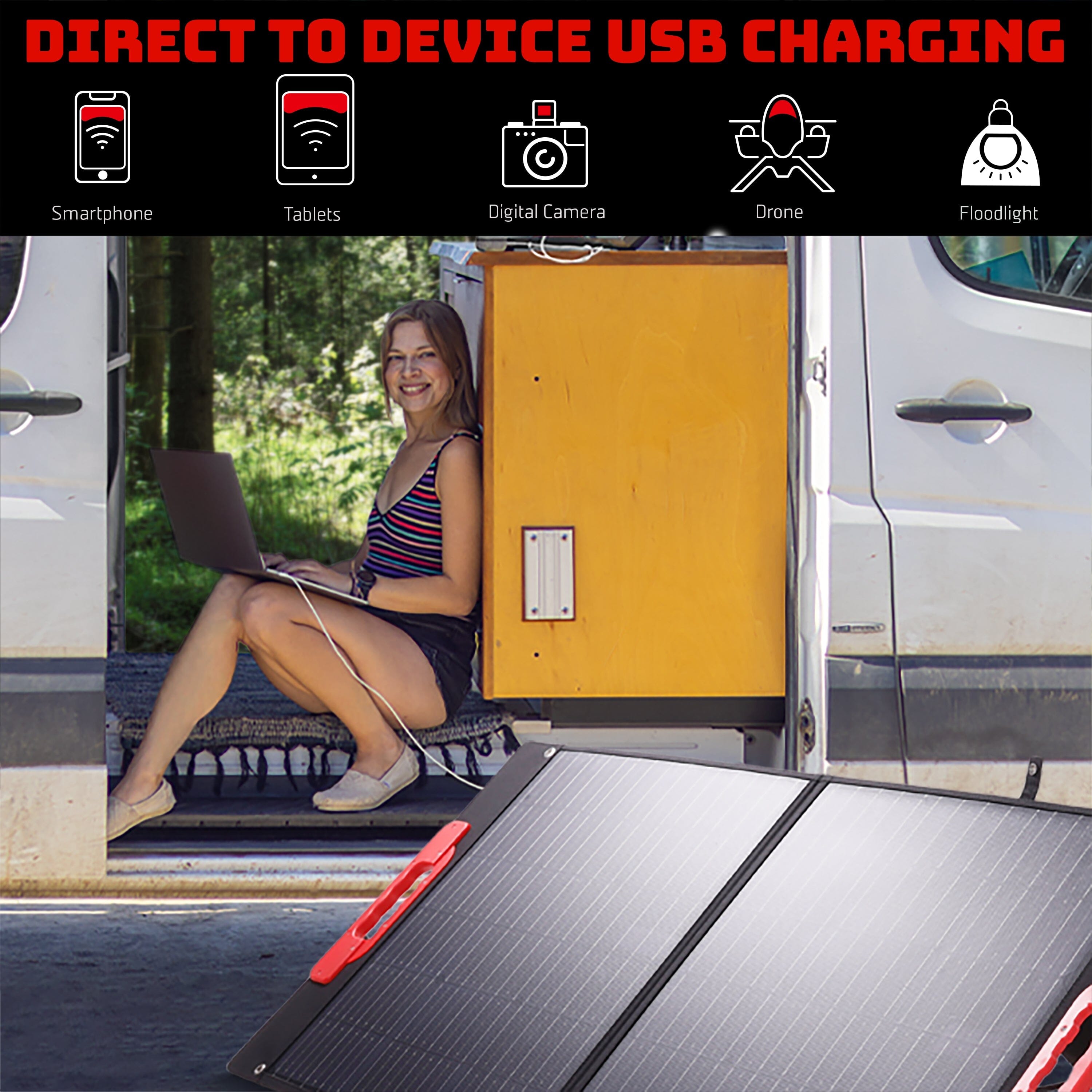 a woman sitting on a bench words display 'direct to device usb charging'