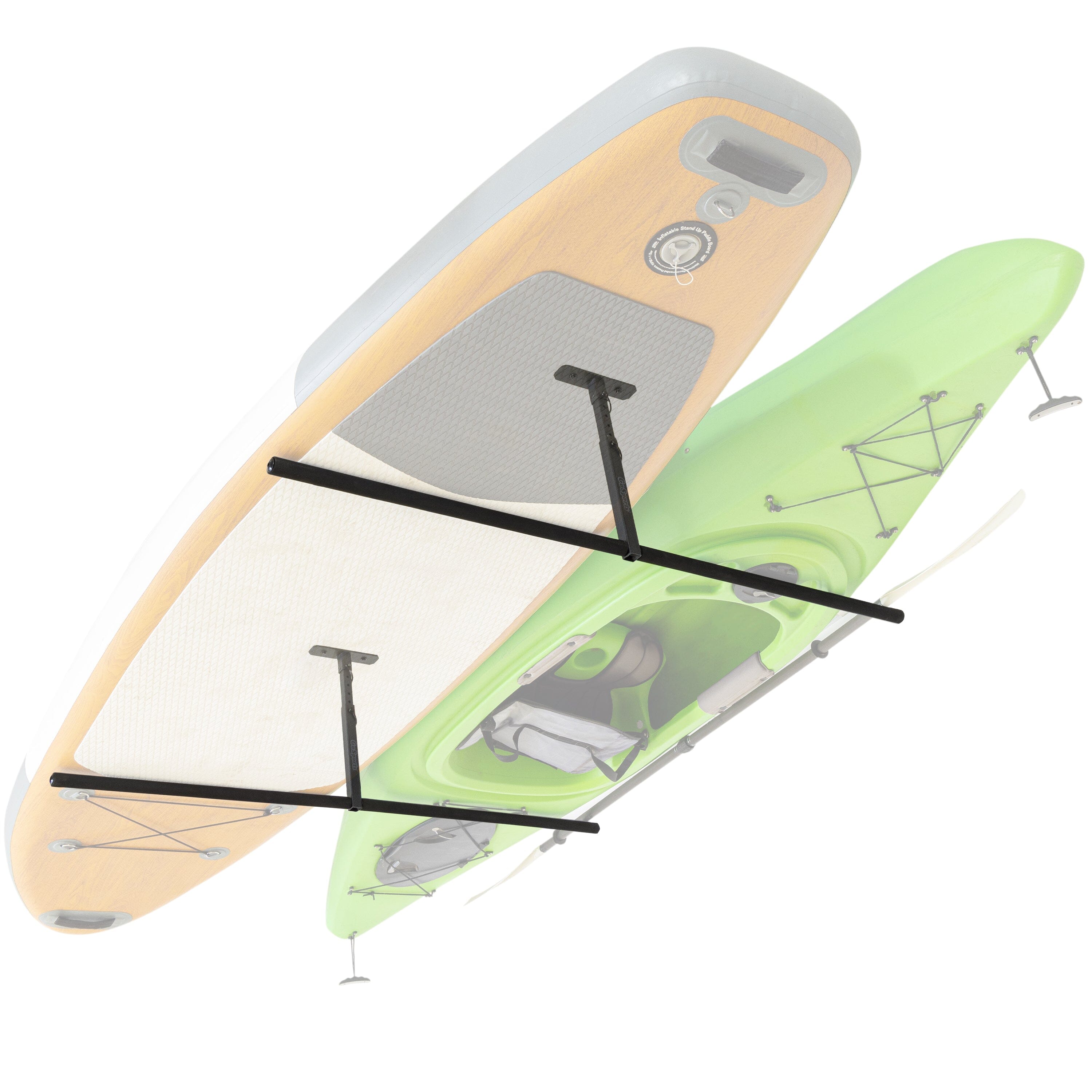 a kayak with paddles and paddle board