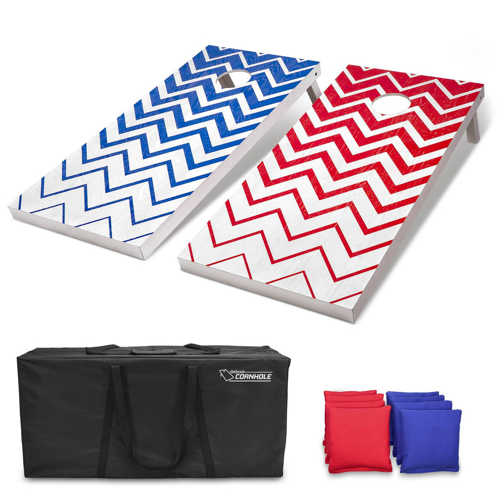 GoSports Red and Blue Chevron Pattern Regulation Size Wooden Cornhole Set - Includes Two 4' x 2' Boards, 8 Bean Bags, Carrying Case and Game Rules Cornhole playgosports.com 