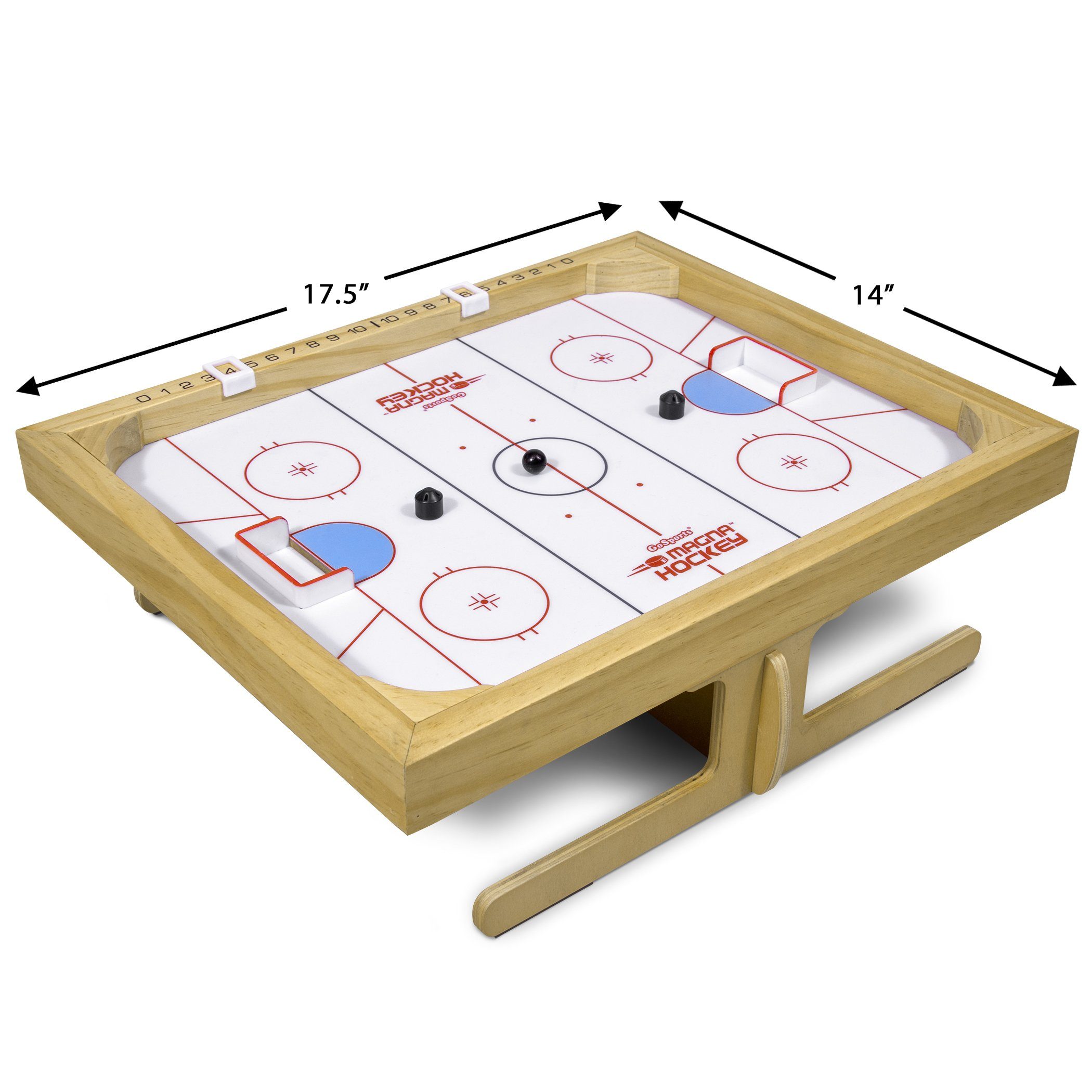 a wooden hockey table with a hockey puck and a hockey puck